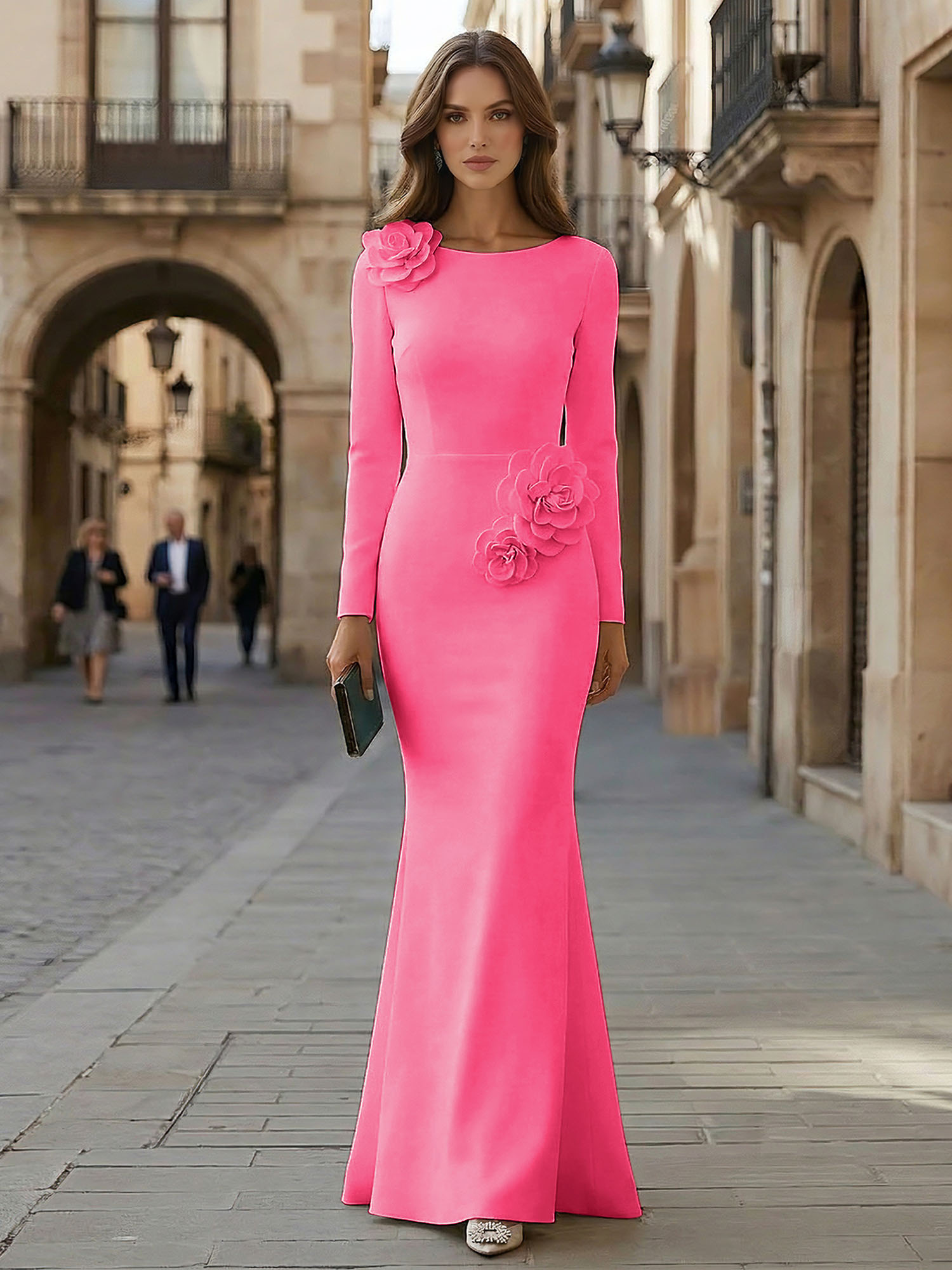 Elegant Pure White Formal Evening Dress Long-Sleeve 3D Floral Crepe Maxi Dress Gown