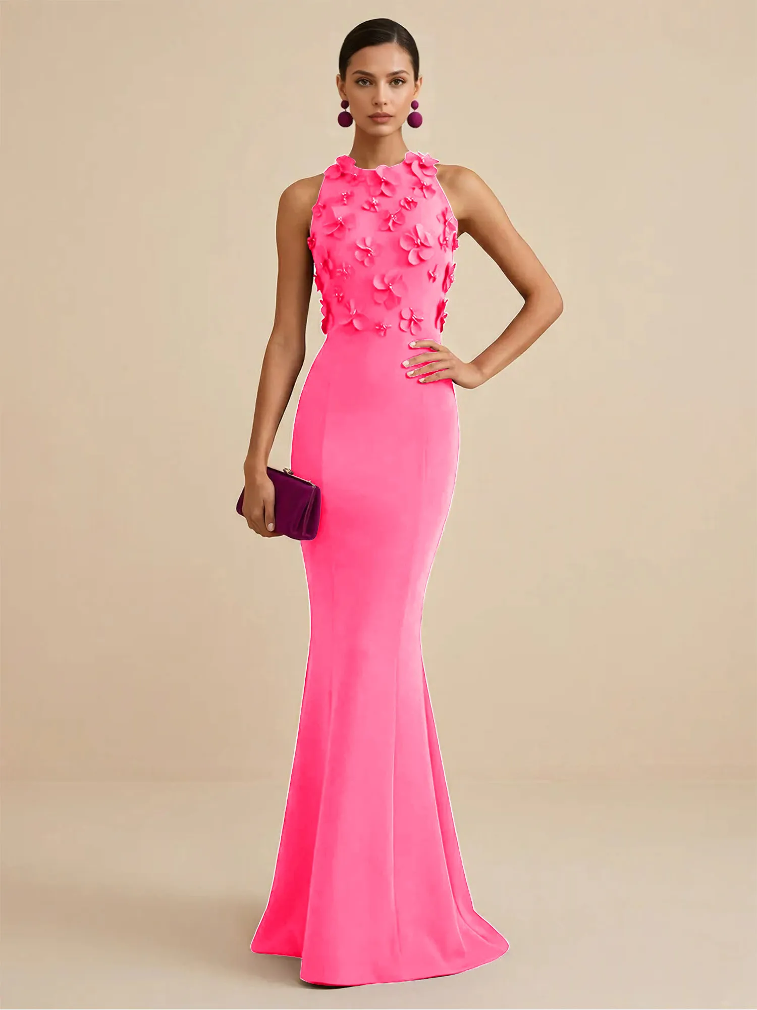 Scoop Neck 3D Floral Appliqué Crepe Mermaid Evening Gown
