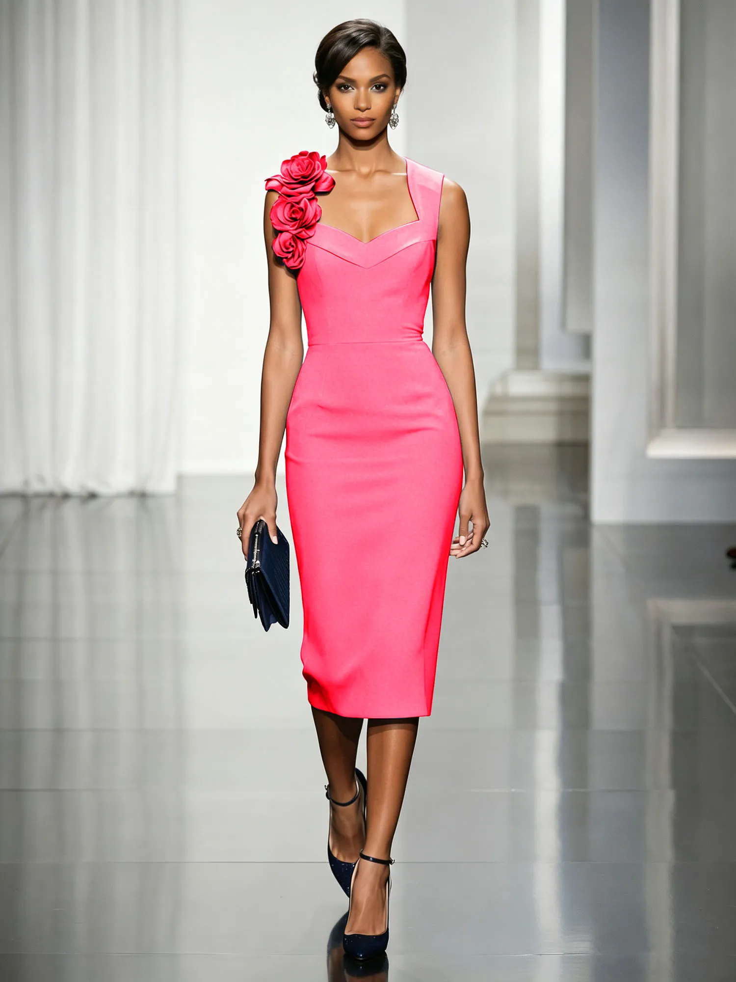 Asymmetric Neckline Crepe Midi Dress with 3D Floral Appliqué