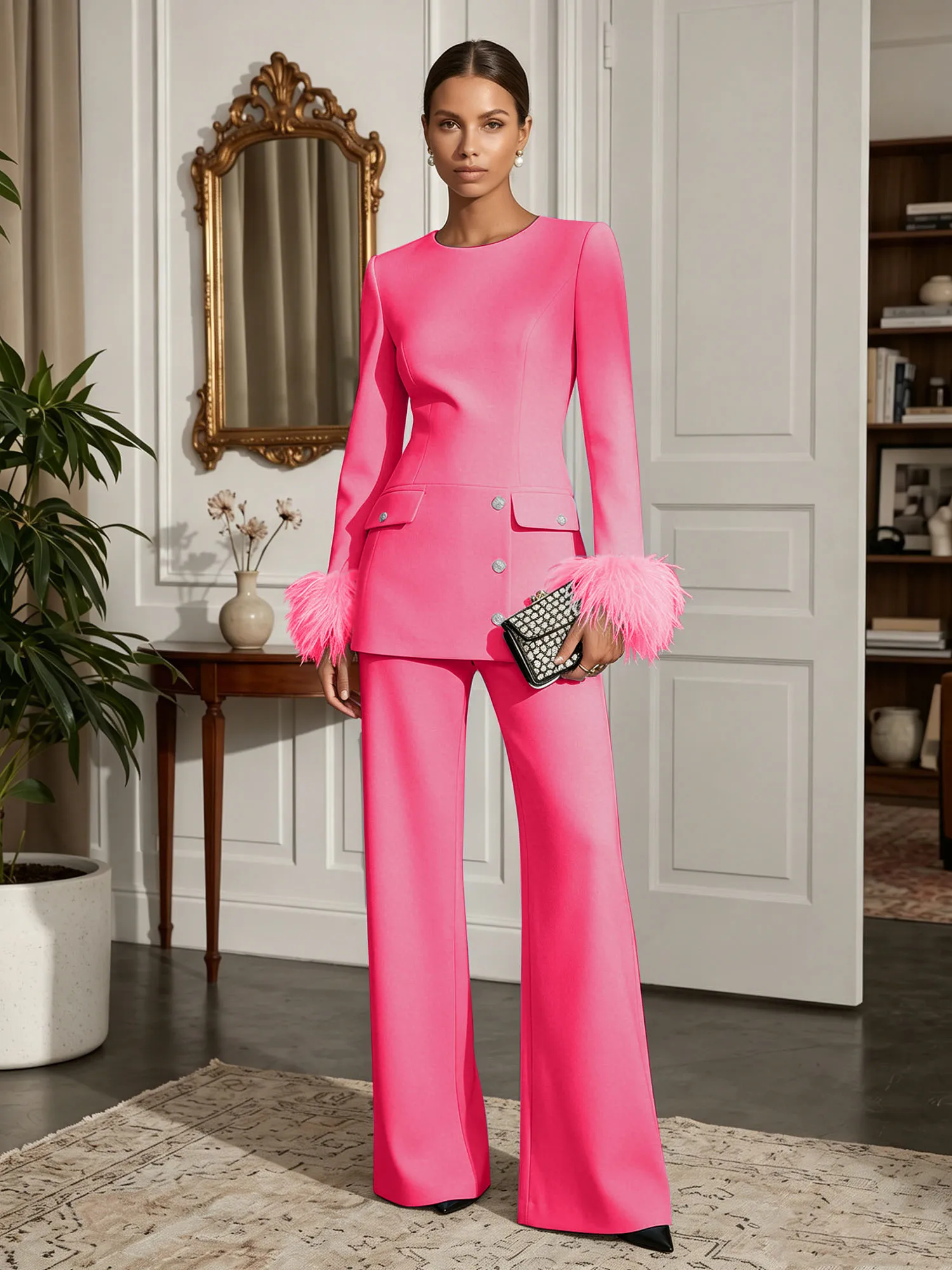 Scoop Neck Feather Cuff Tailored Evening Pant Suit