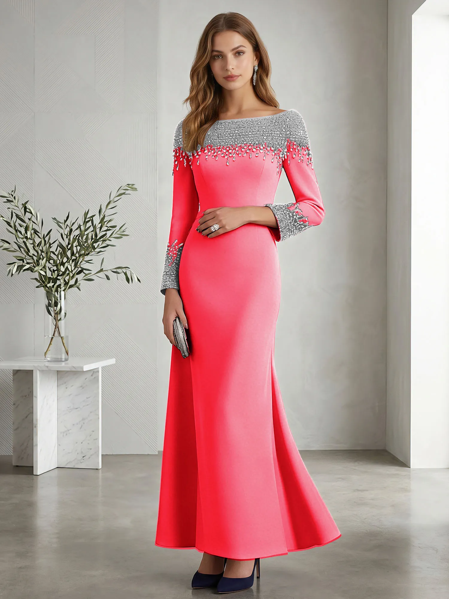 Beaded Off-the-Shoulder Long Sleeve Mermaid Evening Gown
