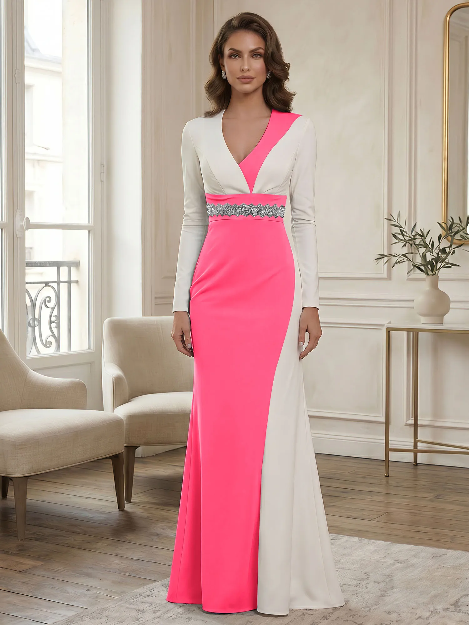 Two-Tone Long Sleeve Mermaid Evening Gown with Beaded Waistband