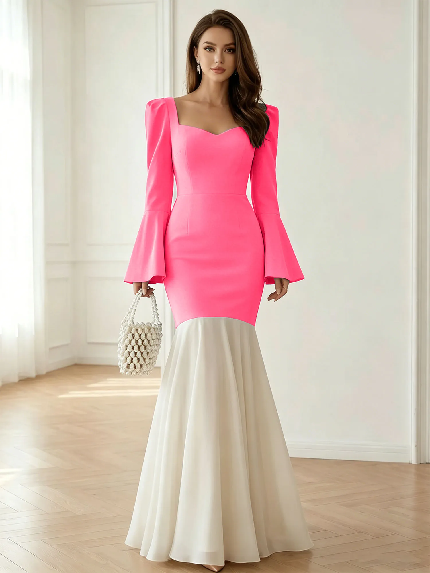Sweetheart Neck Bell Sleeve Two-Tone Mermaid Evening Gown