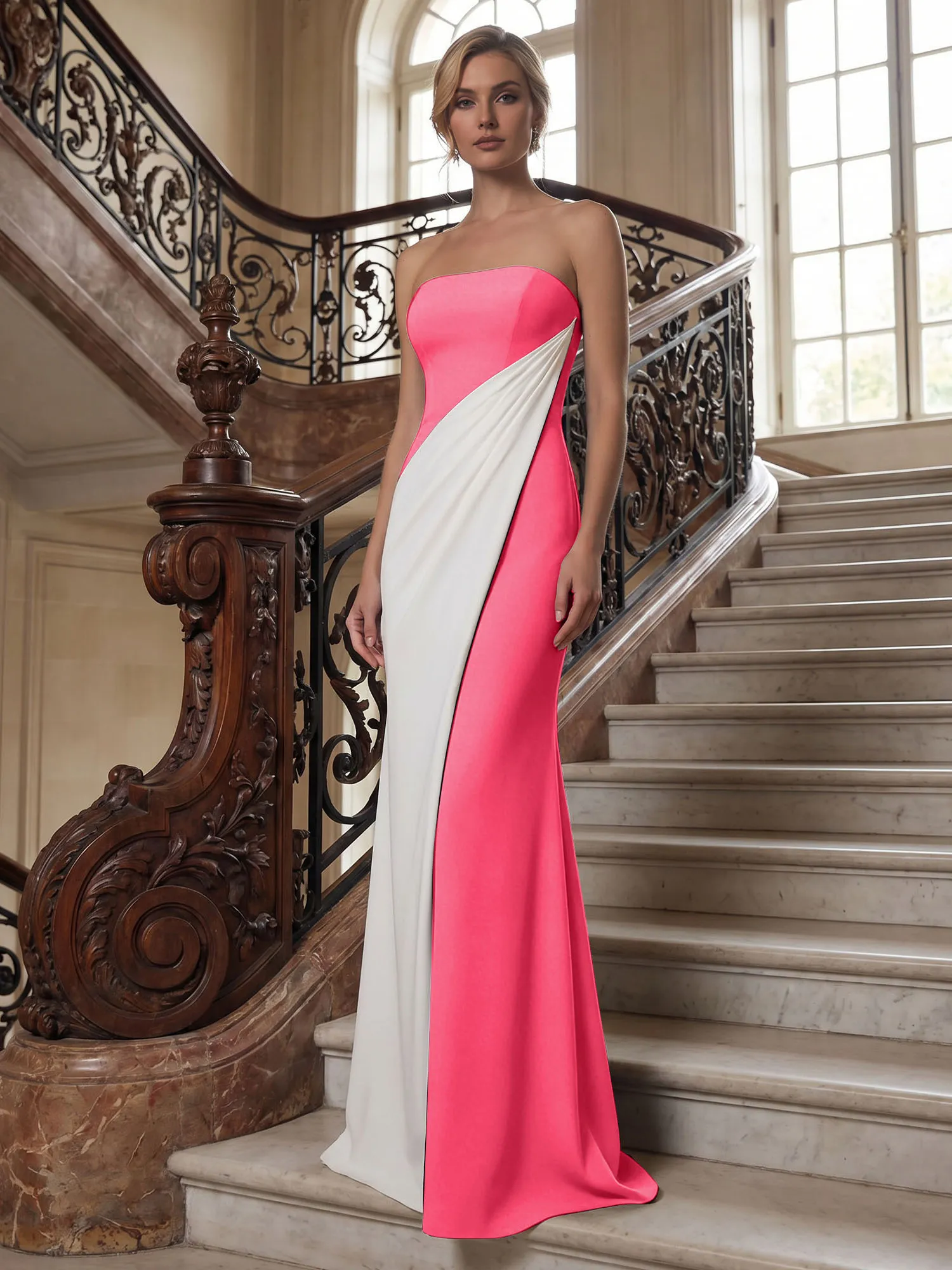 Strapless Two-Tone Draped Mermaid Evening Gown