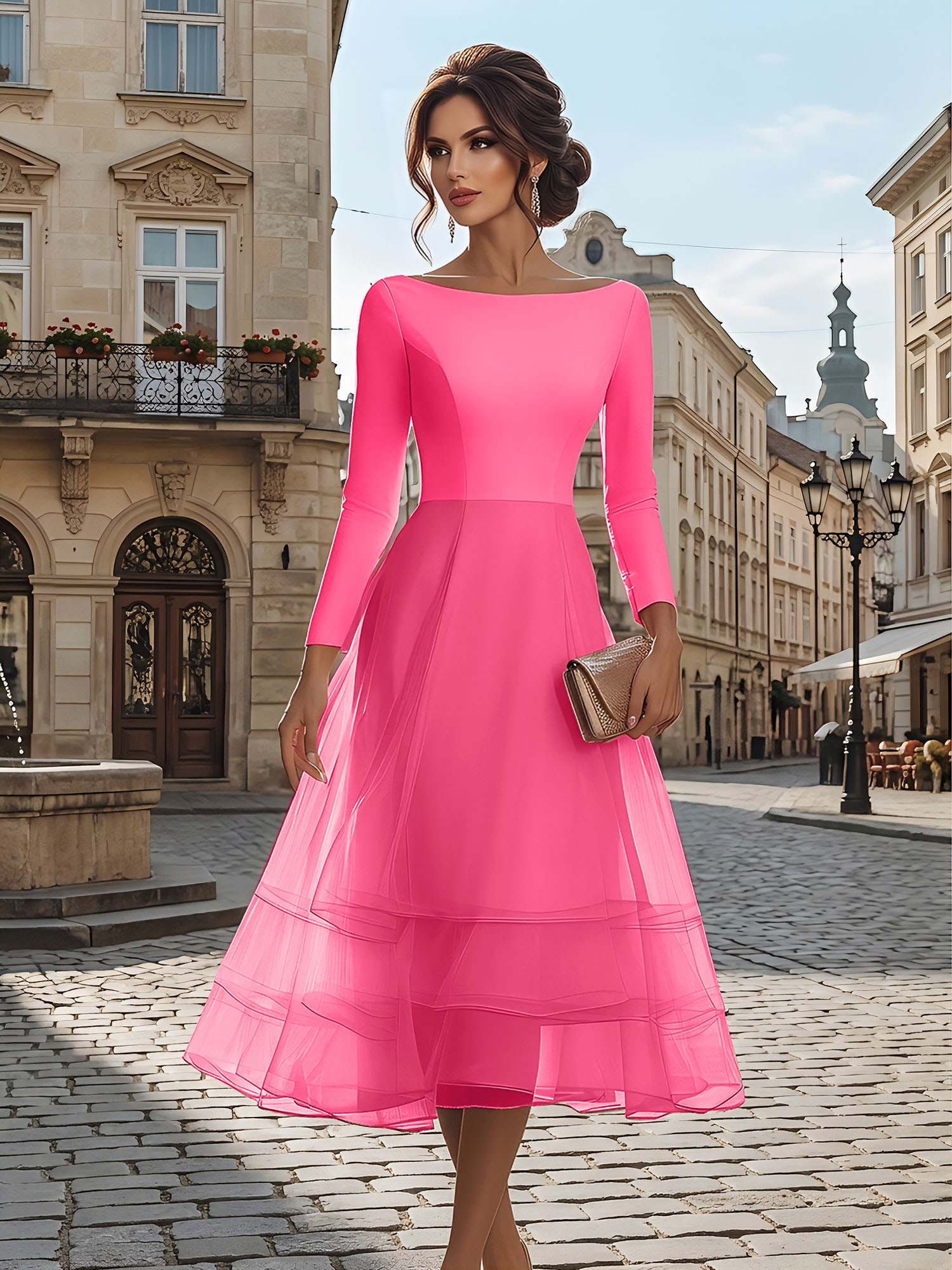 Timeless Evening Foraml Gown Blush Pink Long-Sleeve Layered Organza Midi Dress