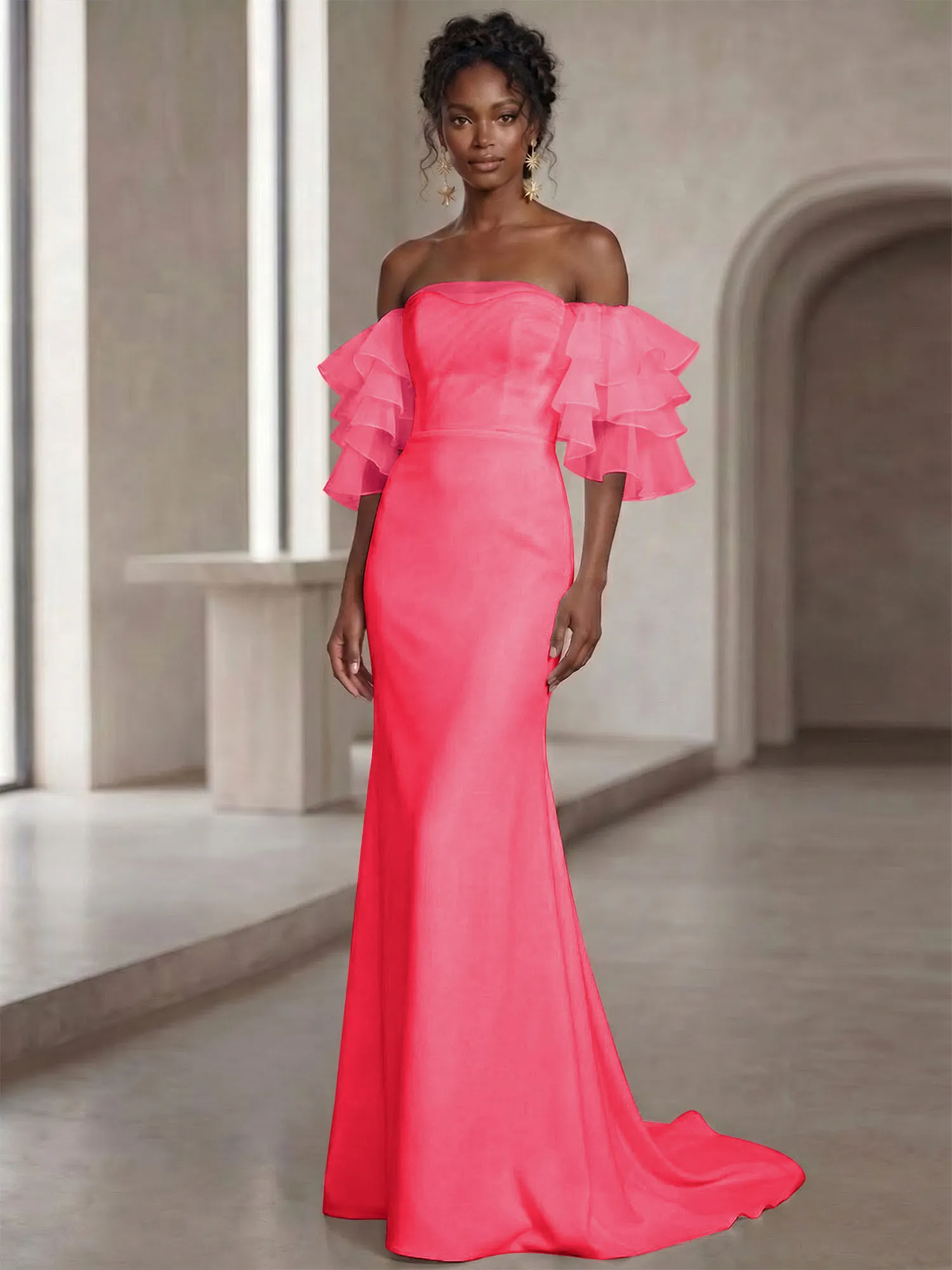 Off-the-Shoulder Tiered Organza Sleeve Mermaid Evening Gown