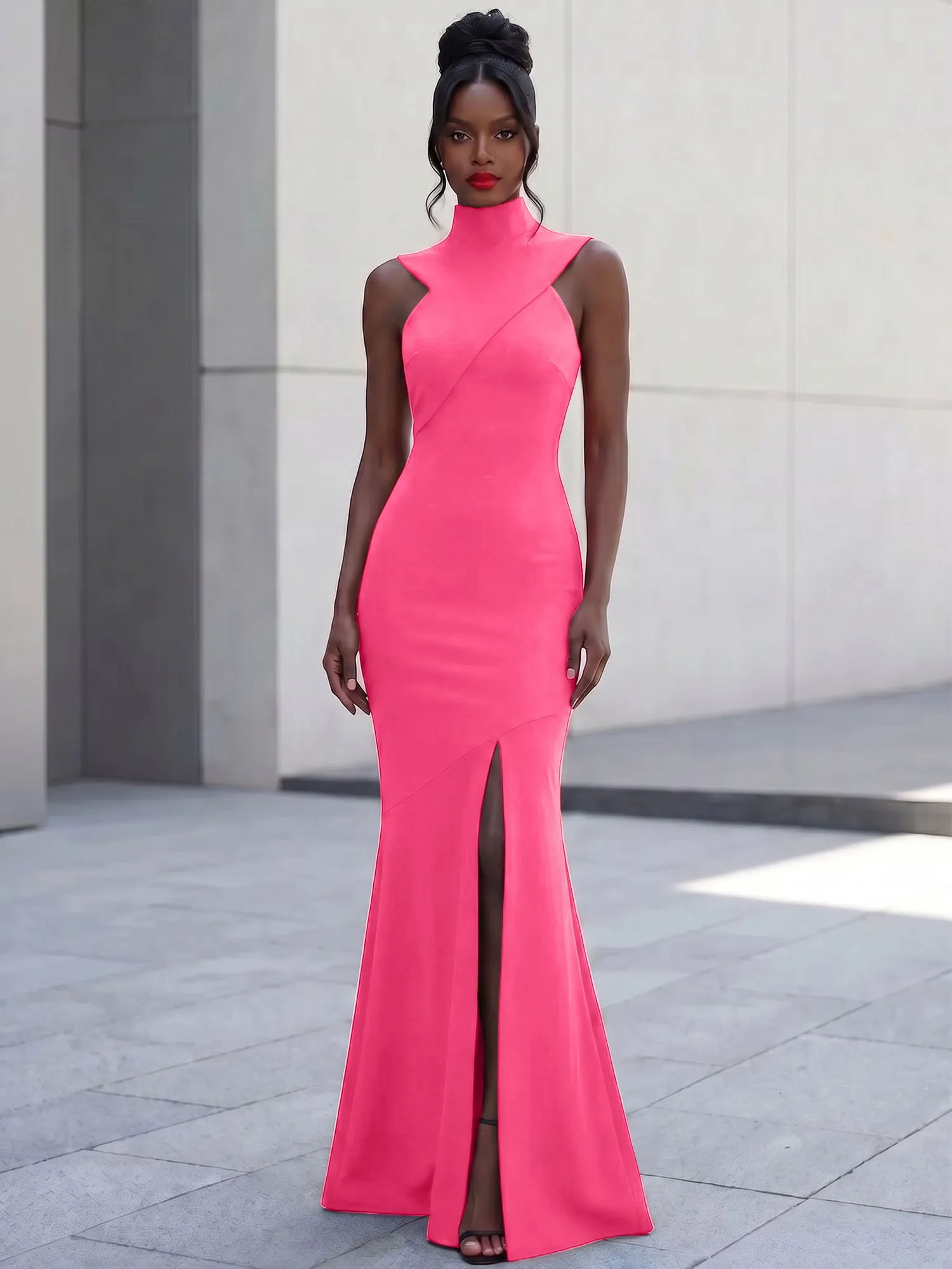 High Neck Asymmetric Cutout Mermaid Evening Gown