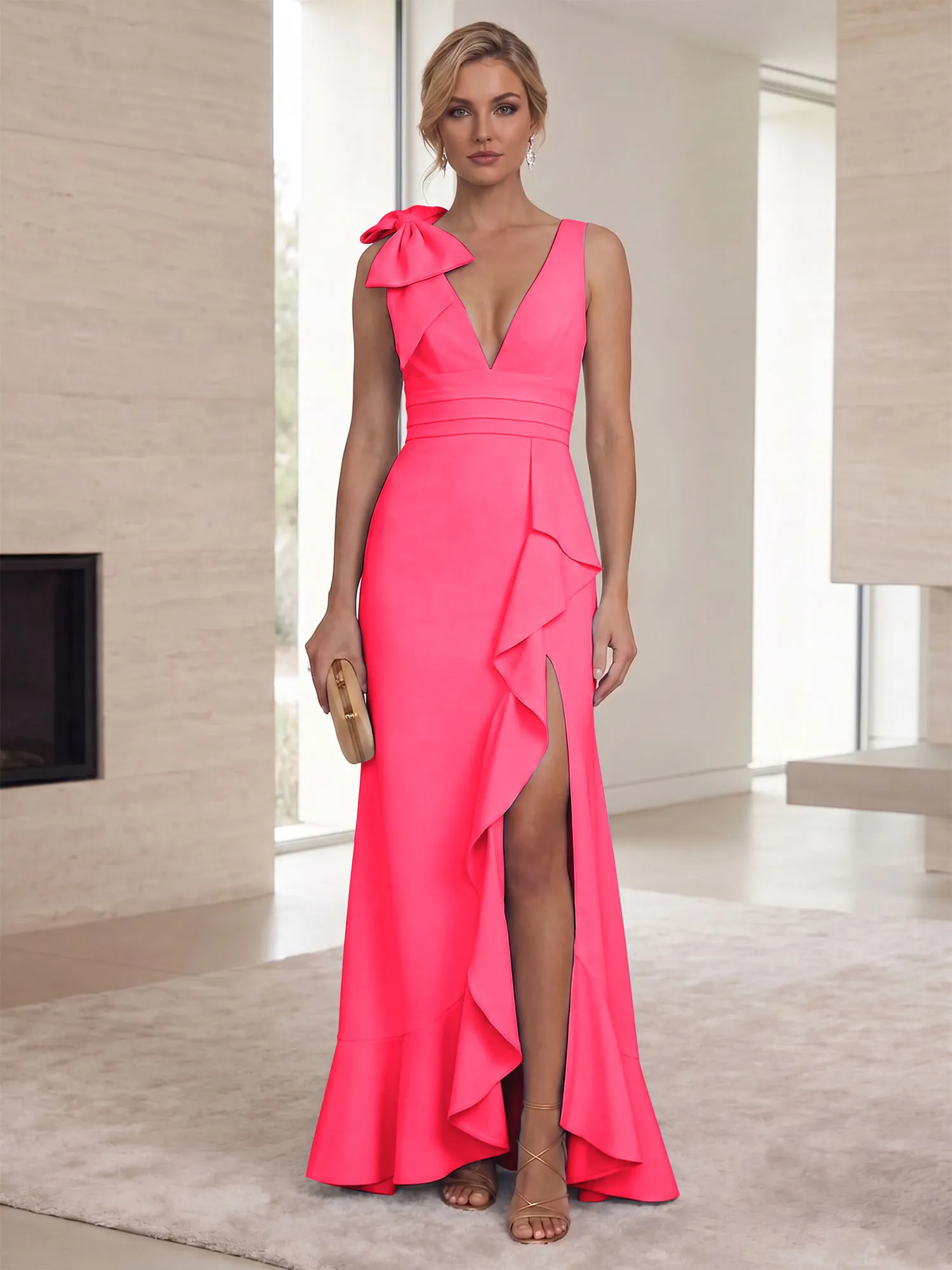 Deep V-Neck Bow-Shoulder Ruffle Slit Mermaid Evening Gown