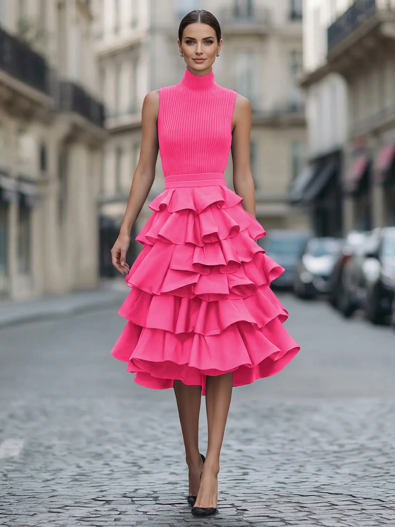 A Line High-Neck Pleated Tiered Evening Dress Maxi Dress