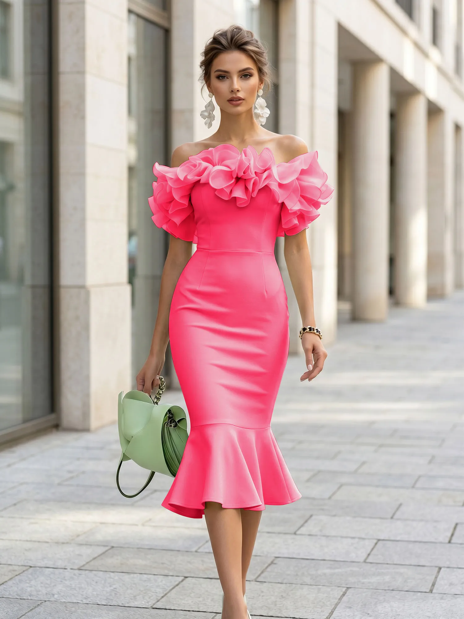 Off-the-Shoulder Ruffle Midi Midi Cocktail Dress Evening Dress