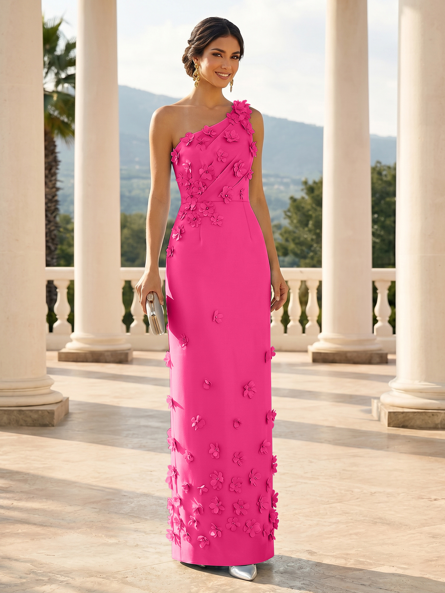 Enchanting Sky Blue One-Shoulder Evening Dress with 3D Floral Appliqués