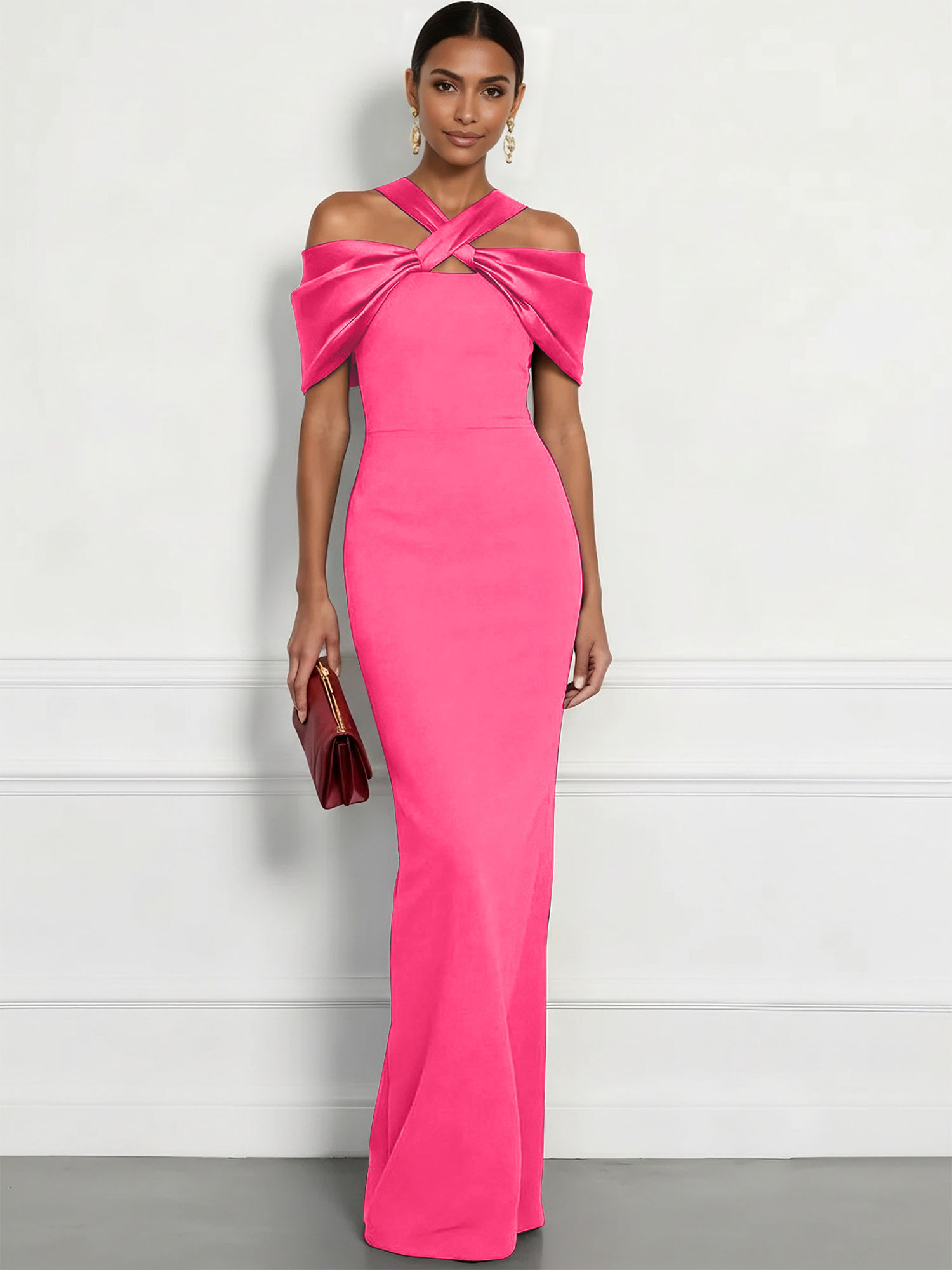 Regal Plum Crepe Column Gown with Satin Criss-Cross Halter Maxi Dress