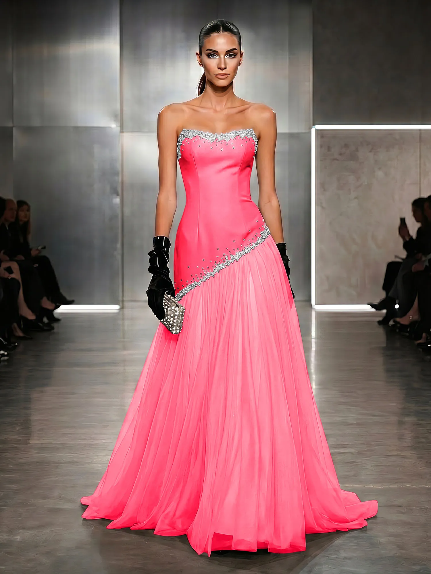 Strapless Tulle Beaded Corset Evening Gown Maxi Dress