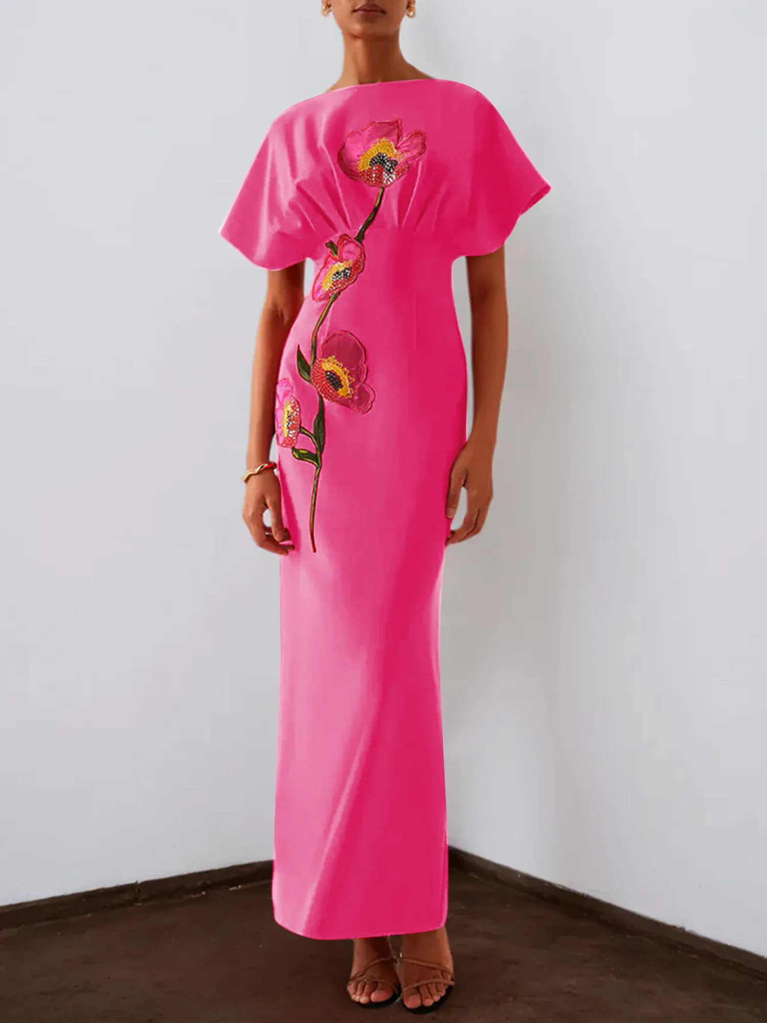Floral Embroidered Boat Neck Batwing Sleeve Column Evening Gown