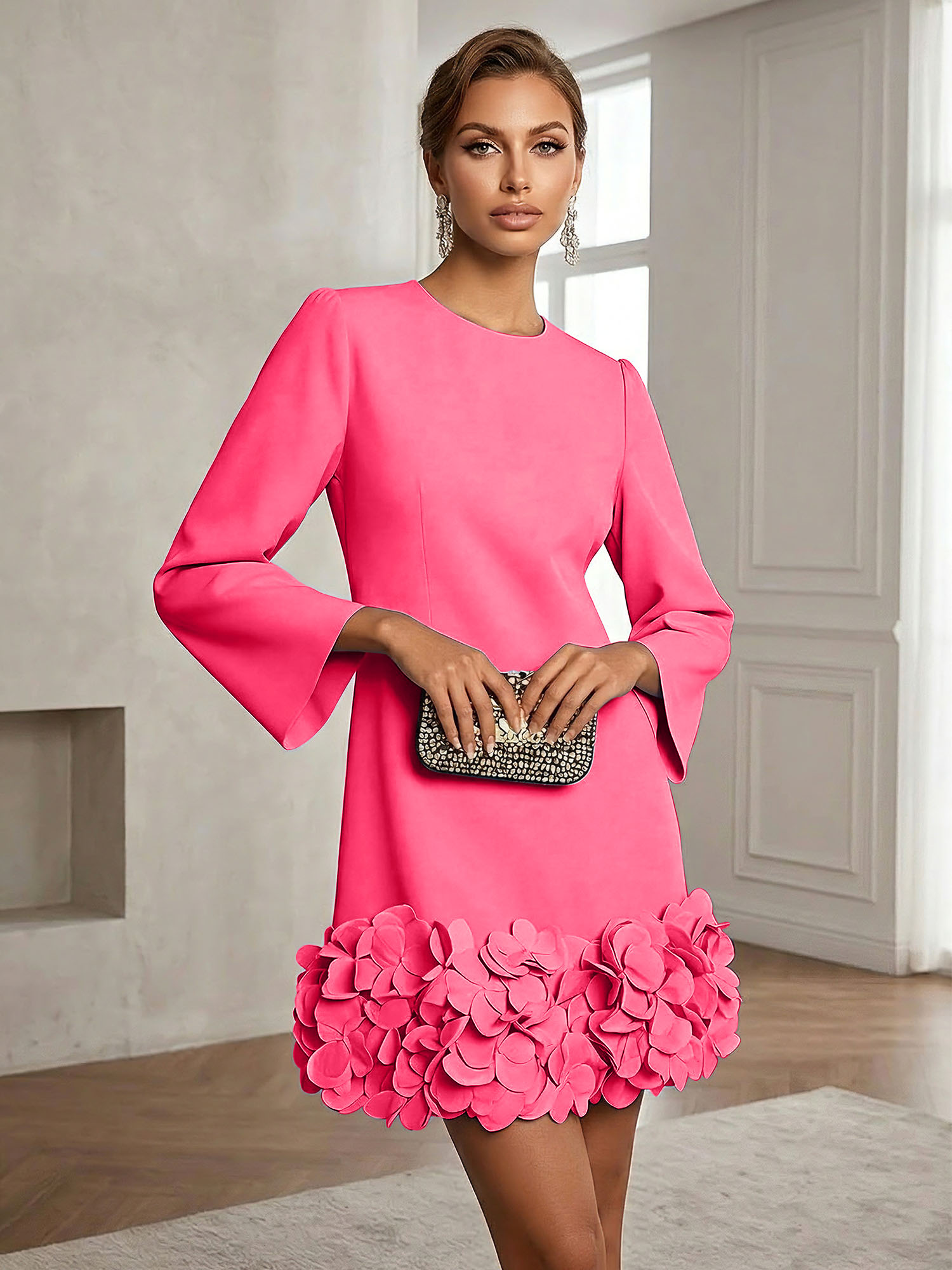Powder Blue 3D Floral Classic Crew Neck Bell Long Sleeve Shift Mini Dress