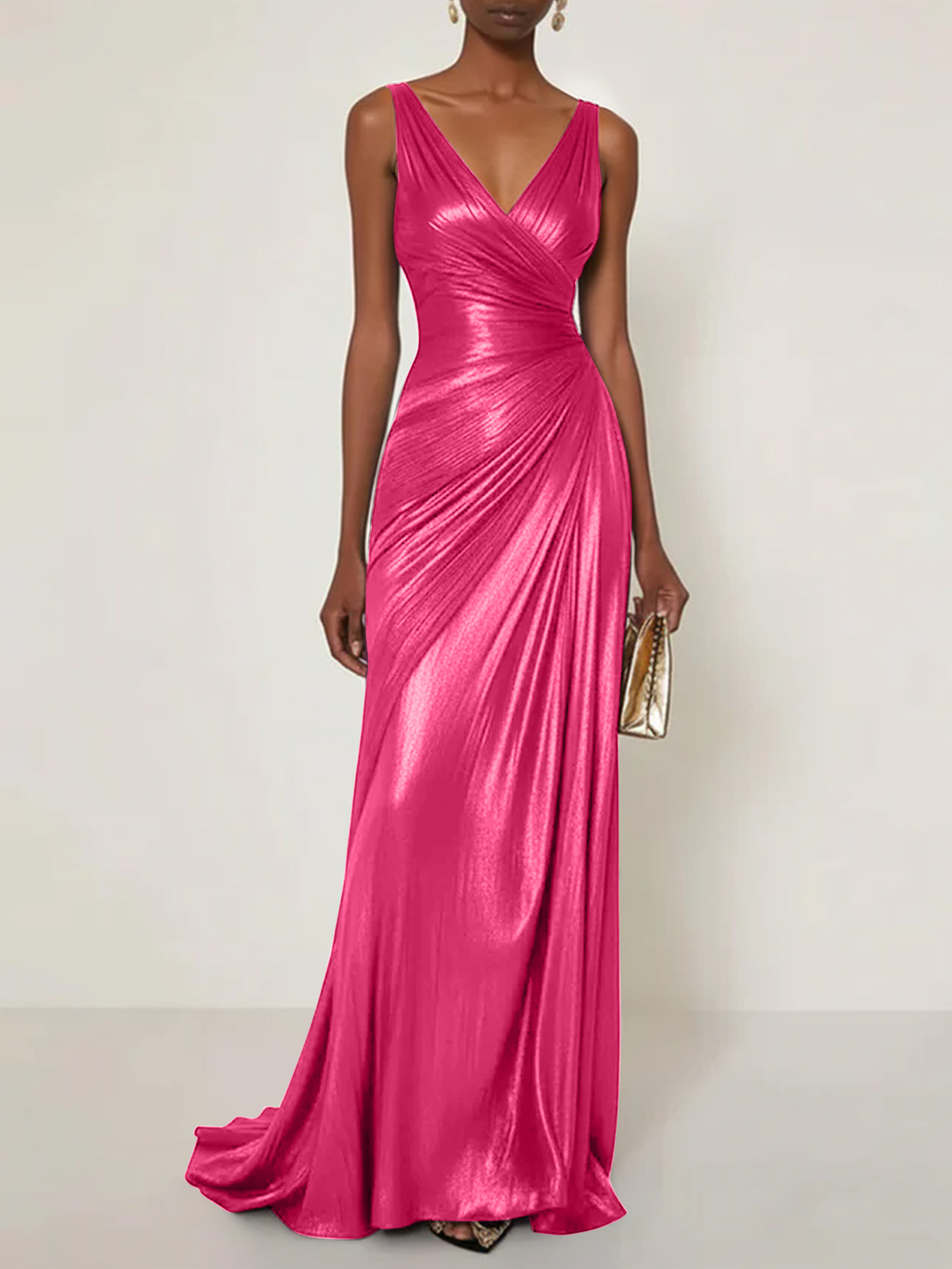 Evening Formal Dress V Neck Silk Ruffles Maxi Dress Gown