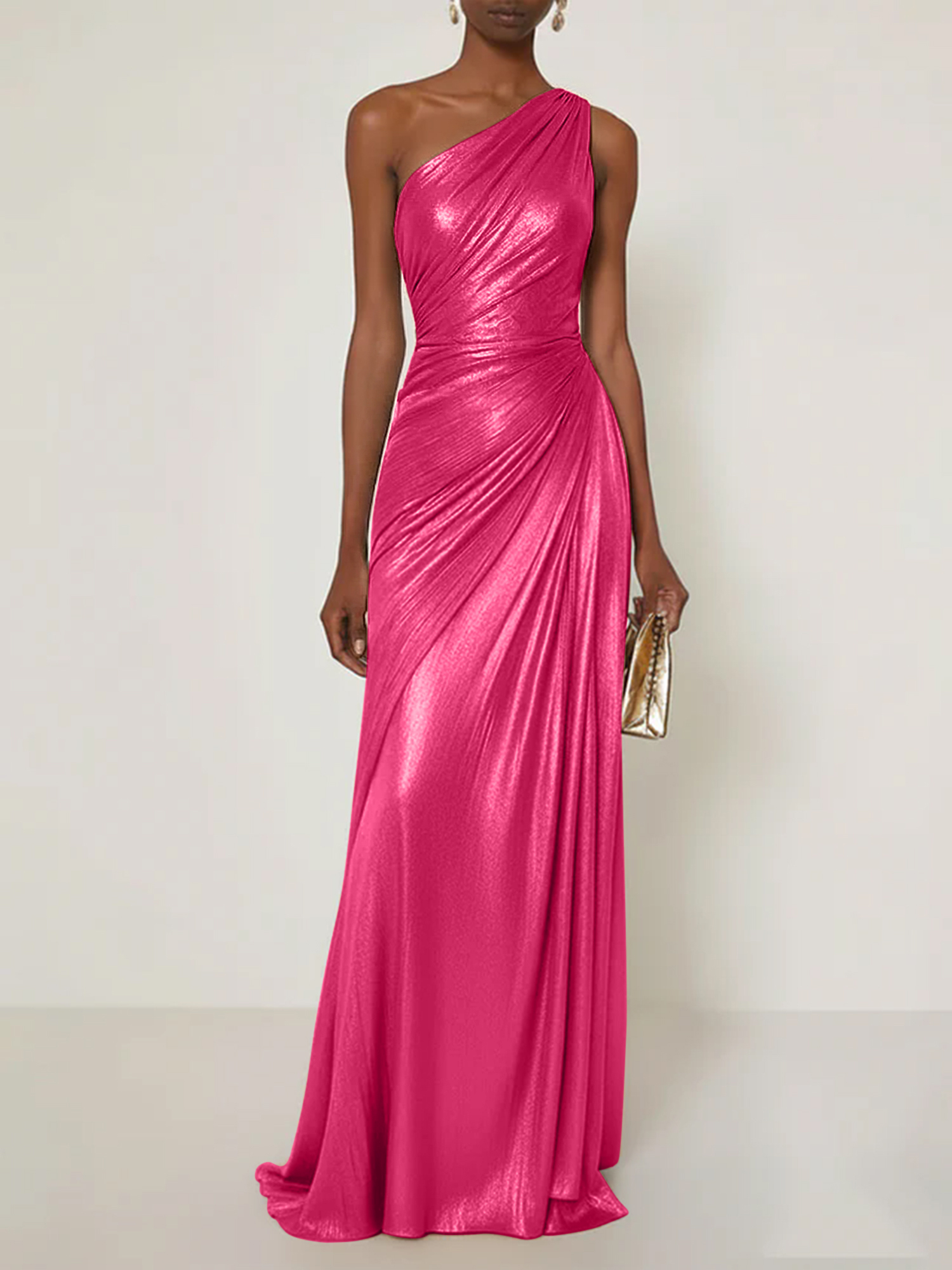 Evening Formal Dress V Neck One Shoulder Silk Ruffles Maxi Dress