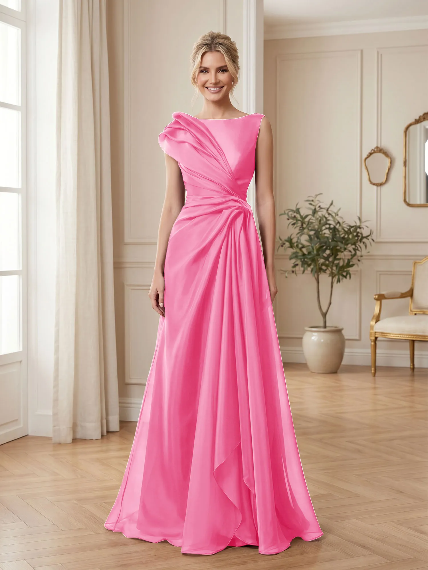 A Line Ruched Draped Tulle Evening Gown