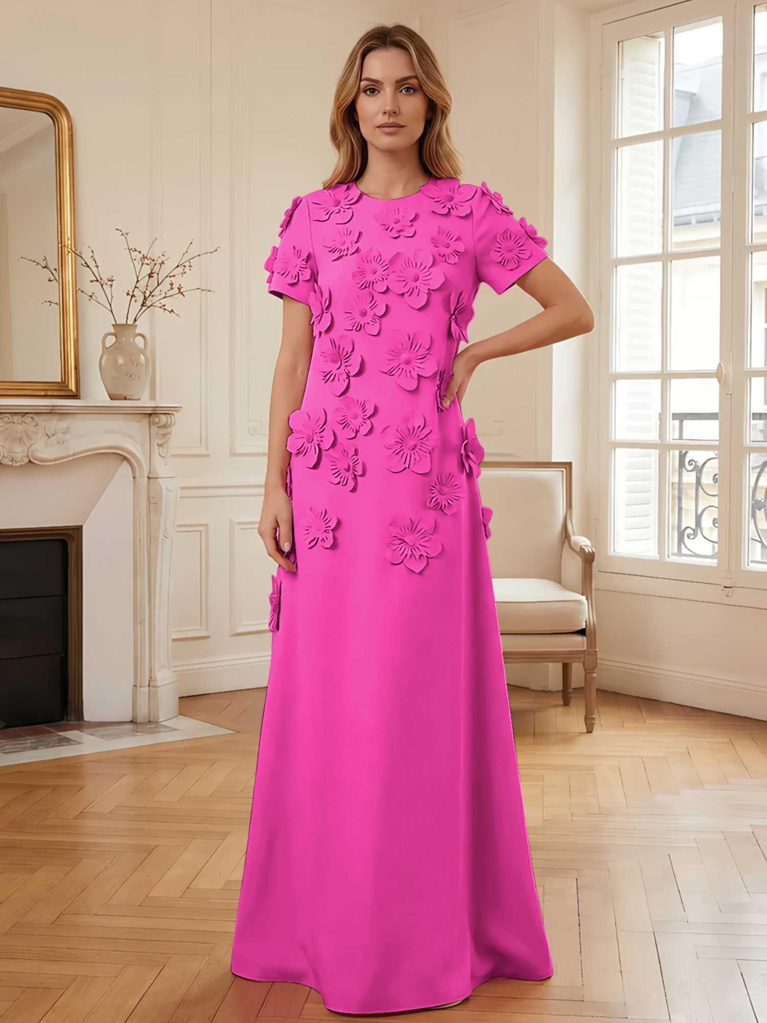 3D Floral Applique Short-Sleeve Column Evening Gown