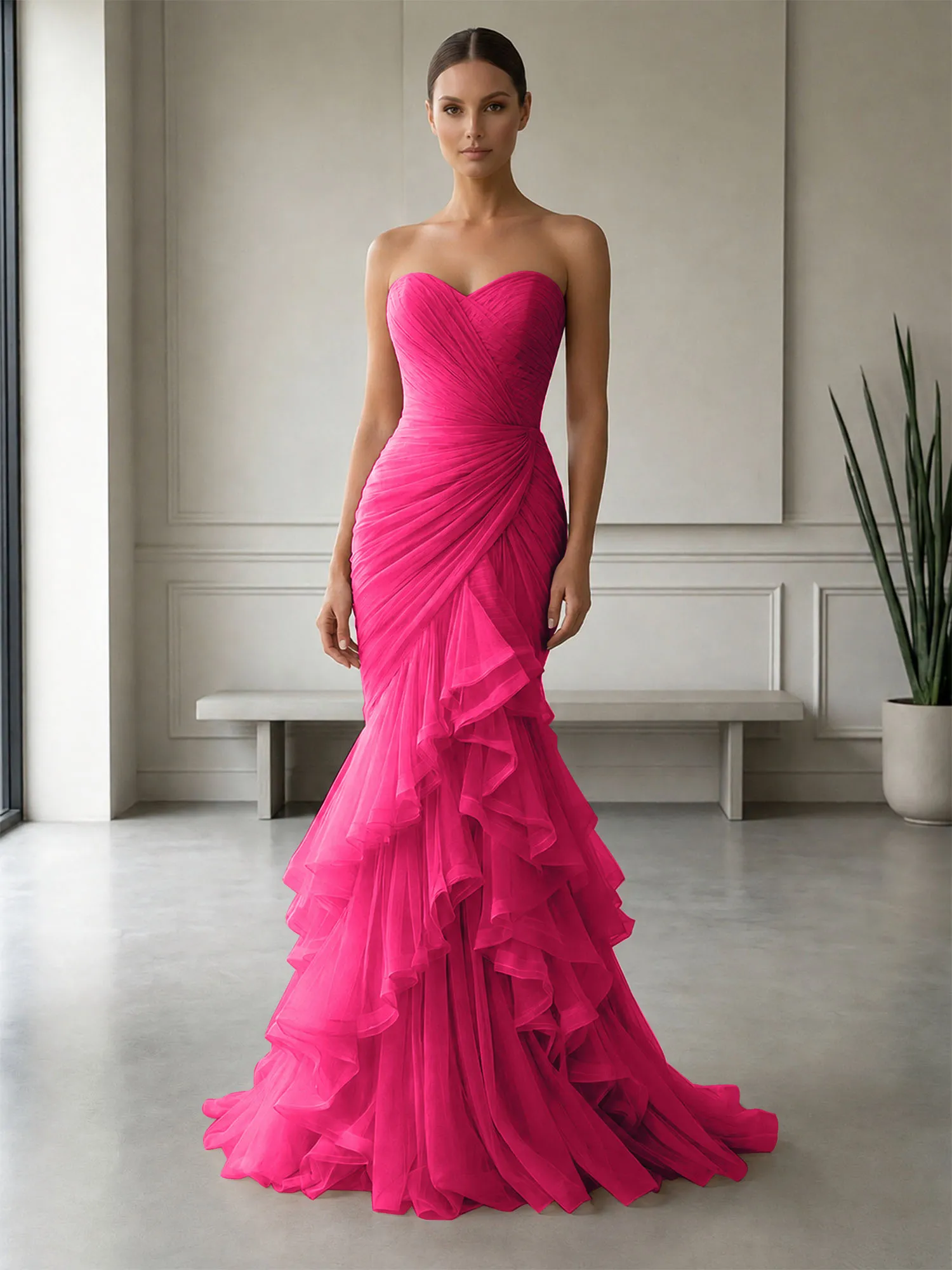 Strapless Ruched Tulle Mermaid Evening Gown Maxi Dress