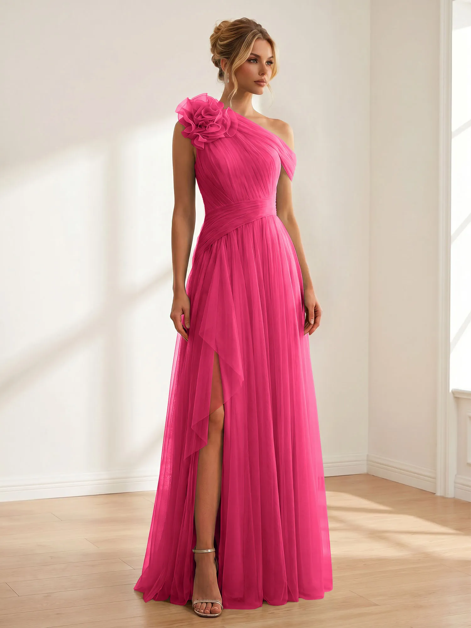 One-Shoulder Tulle Evening Gown with Floral Accent