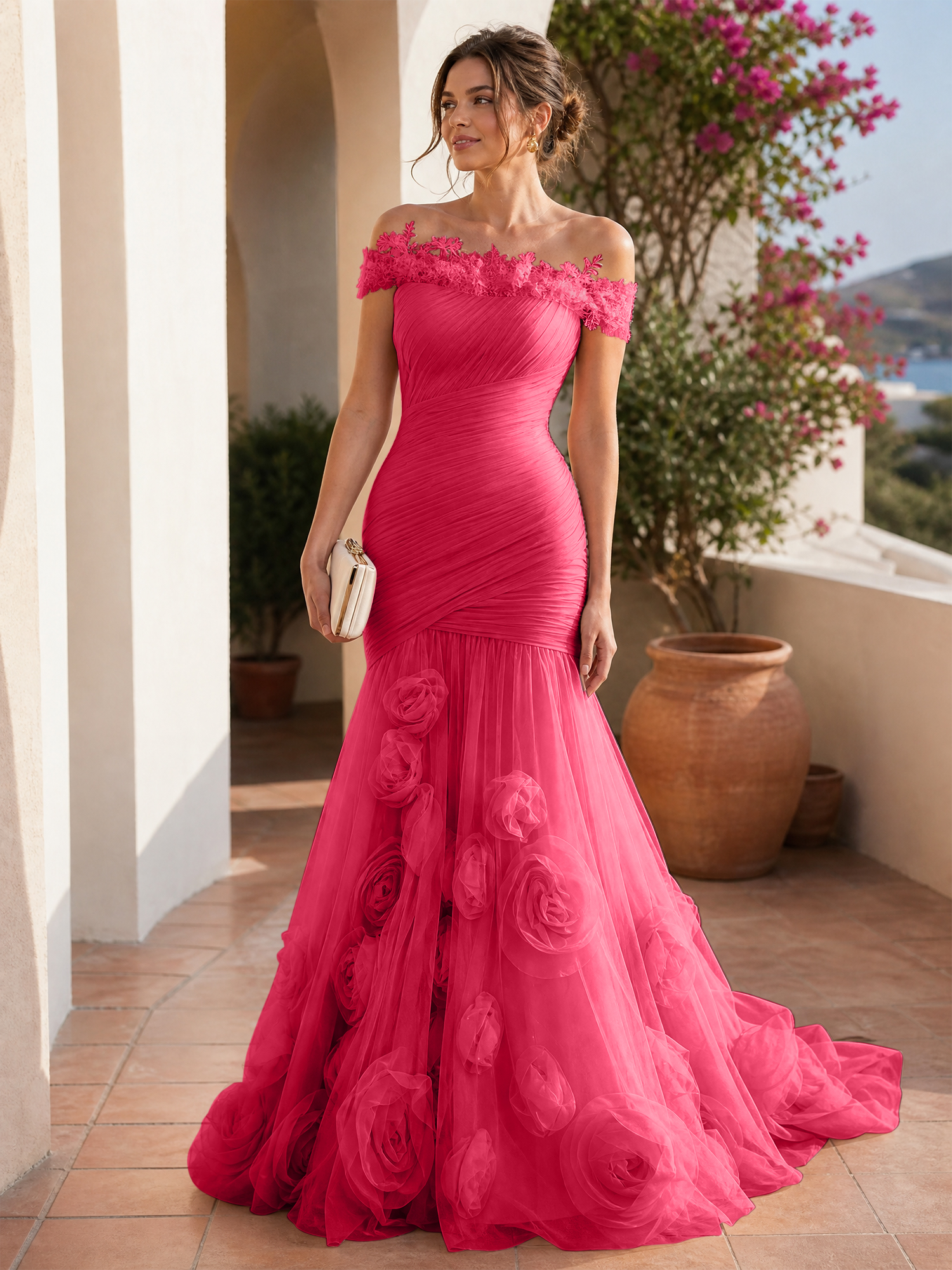 Romantic Blushing Rose Off-the-Shoulder Mermaid Formal Evening Dress 
