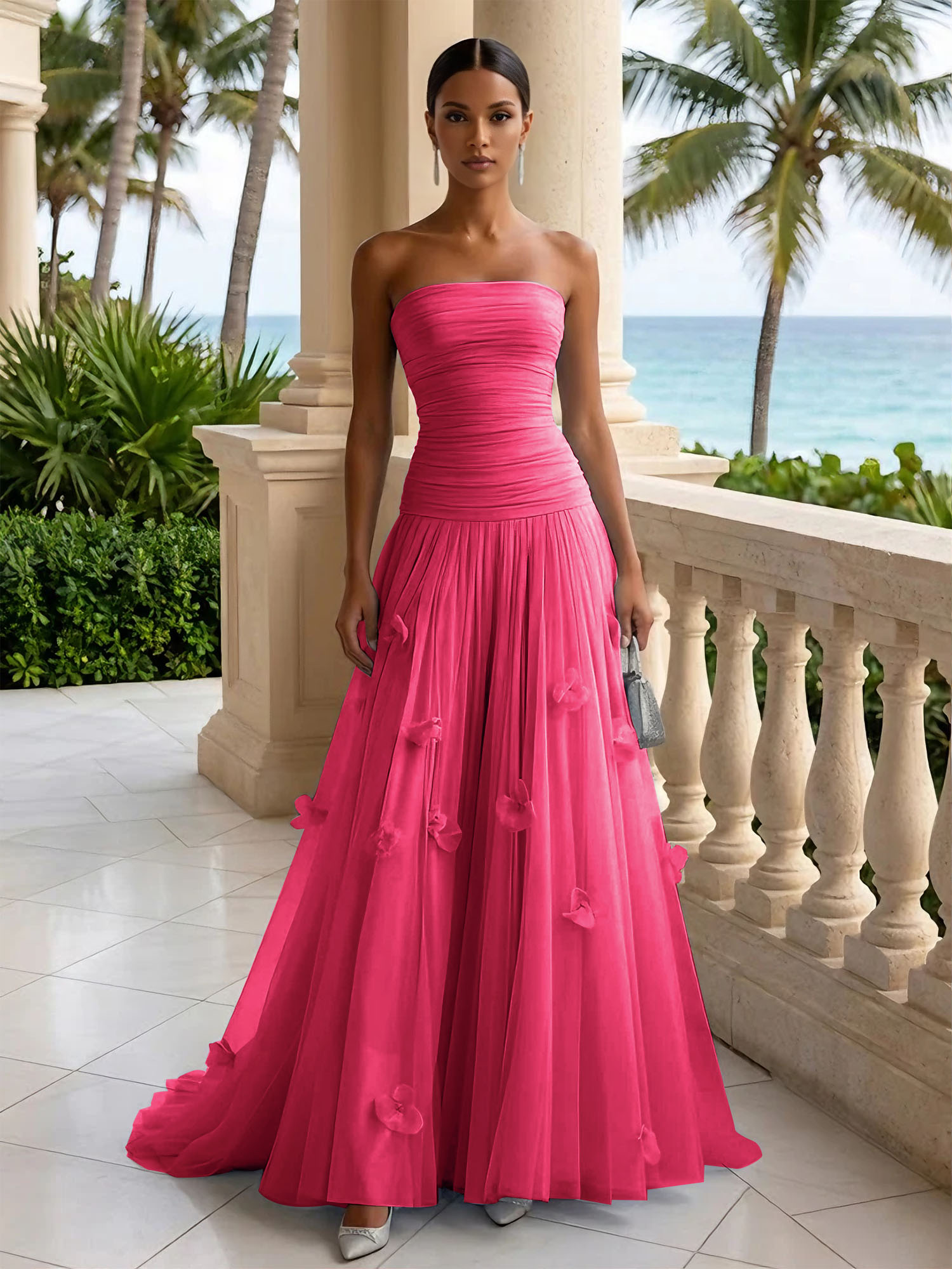 Light Blue Evening Dress with 3D Flower Strapless Pleat Maxi Dress