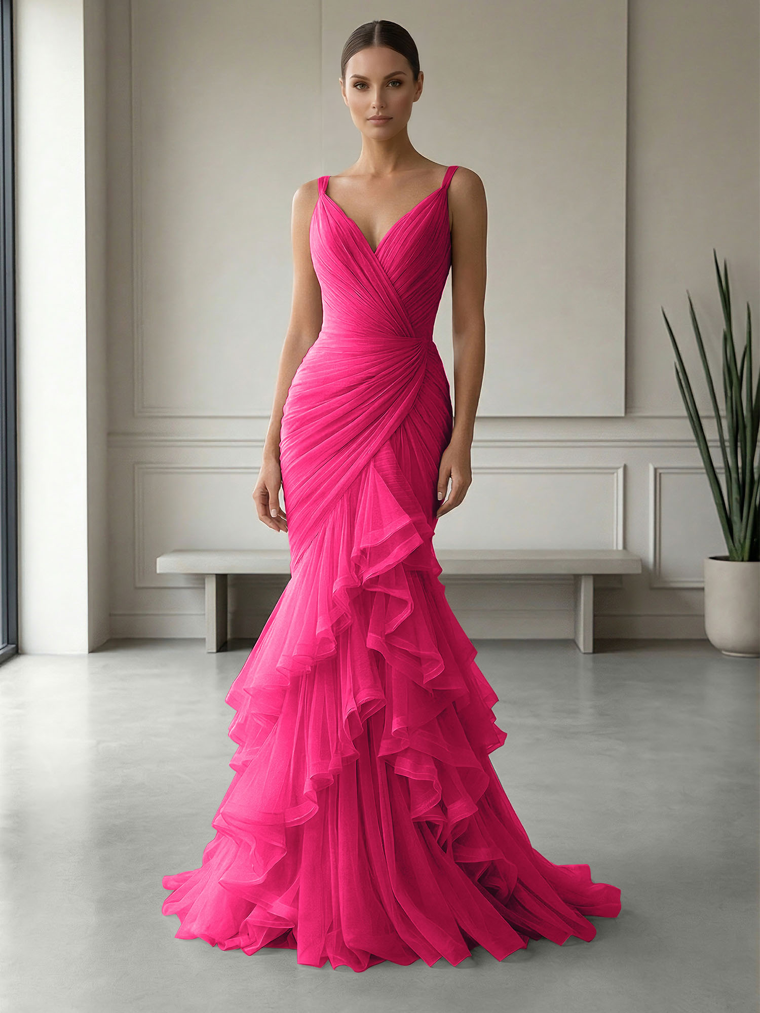 Mauve Folds Tulle Strapless Sleeveless Mermaid Gown Dress