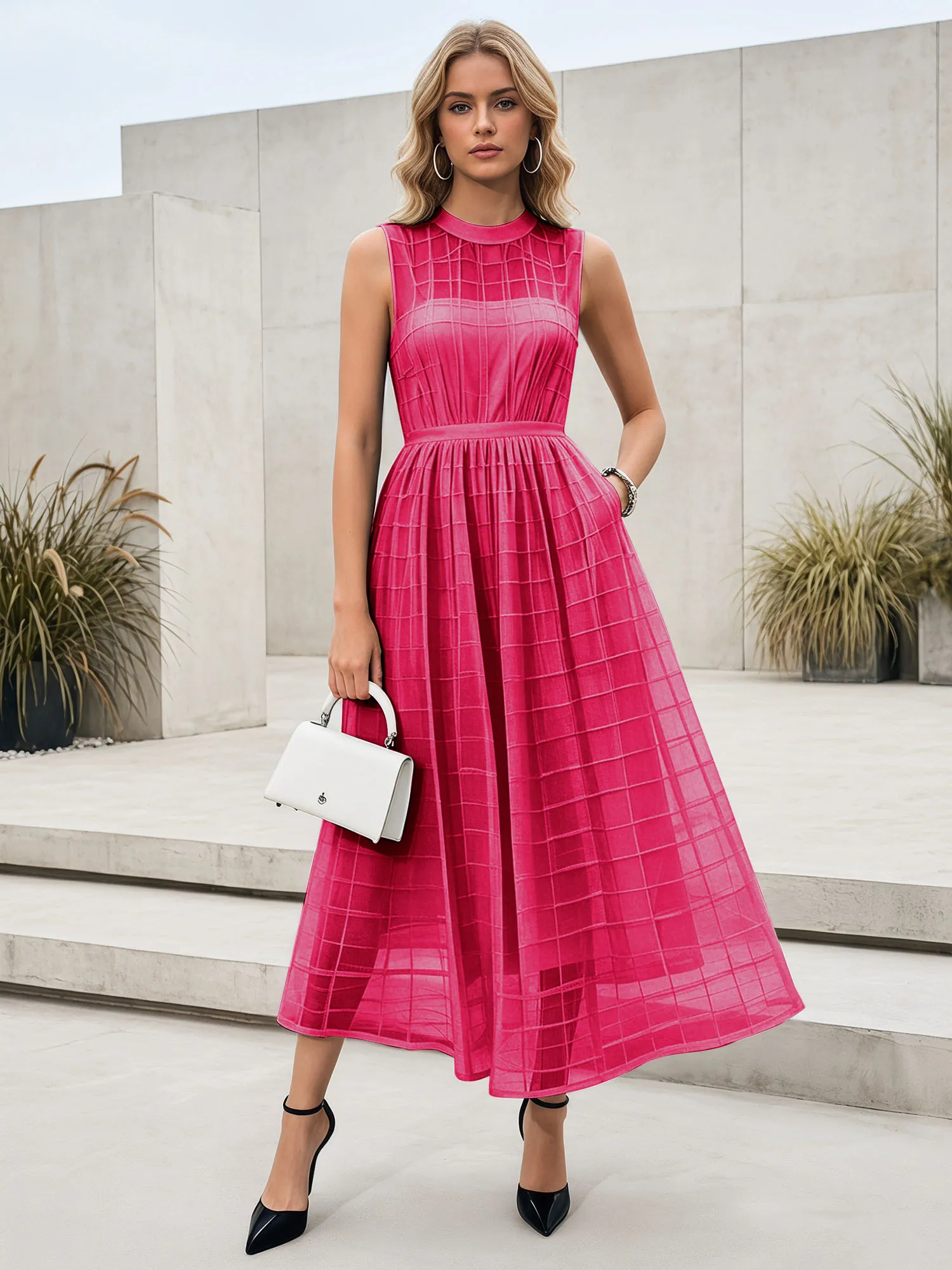 Sleeveless Grid Mesh A-Line Midi Evening Dress