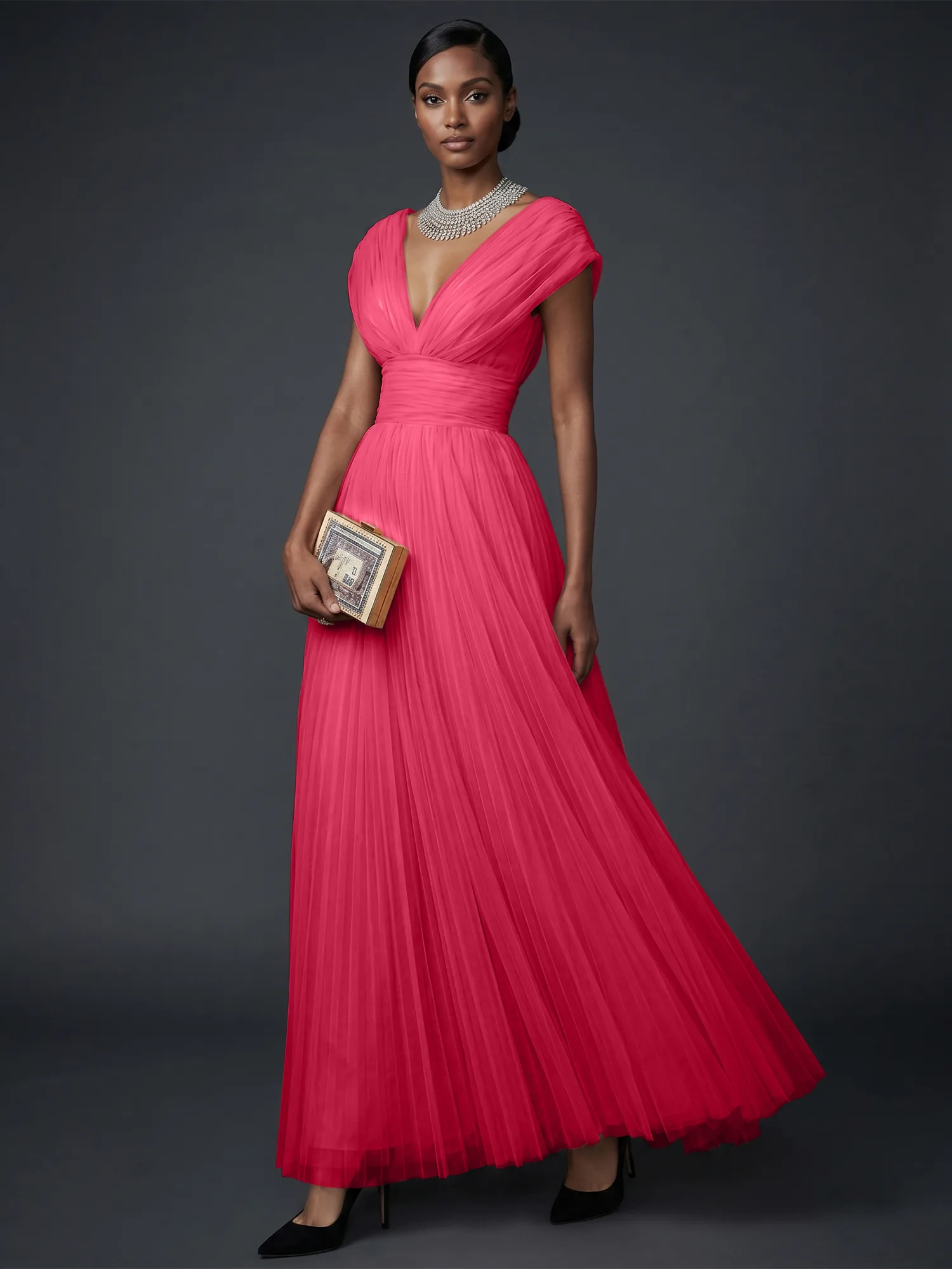 Draped V-Neck Pleated Tulle Evening Gown Maxi Dress