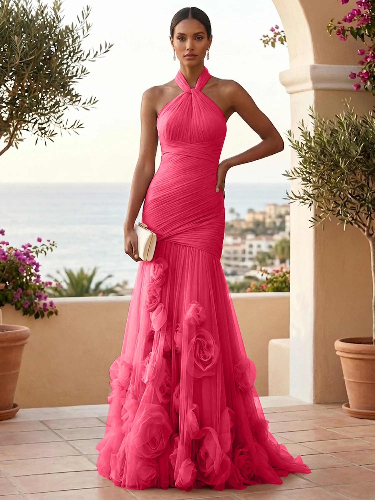 Halter Neck Ruched Tulle Mermaid Gown with 3D Floral Appliqués