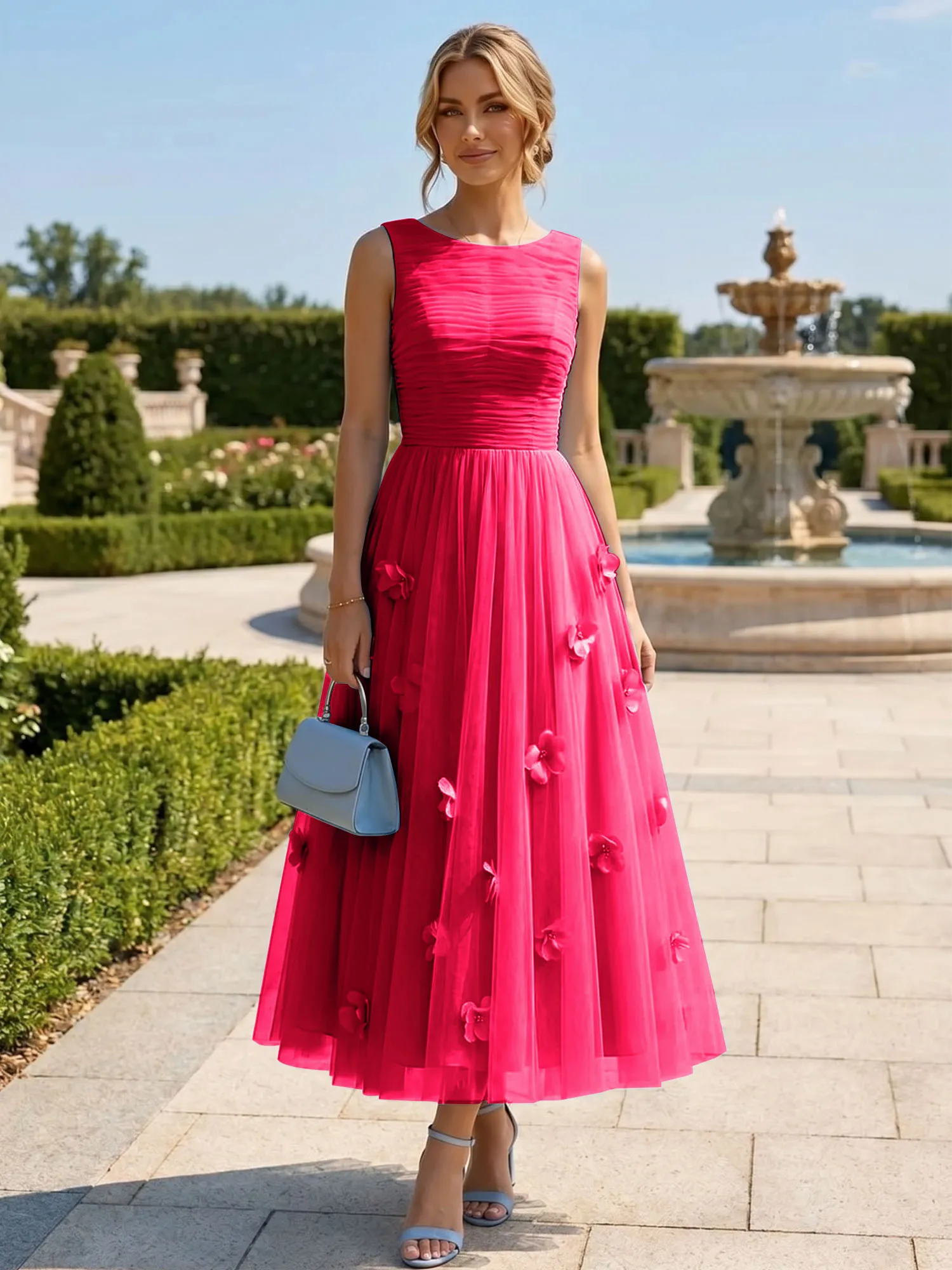 A Line Sleeveless Tulle Midi Dress with 3D Floral Appliqués