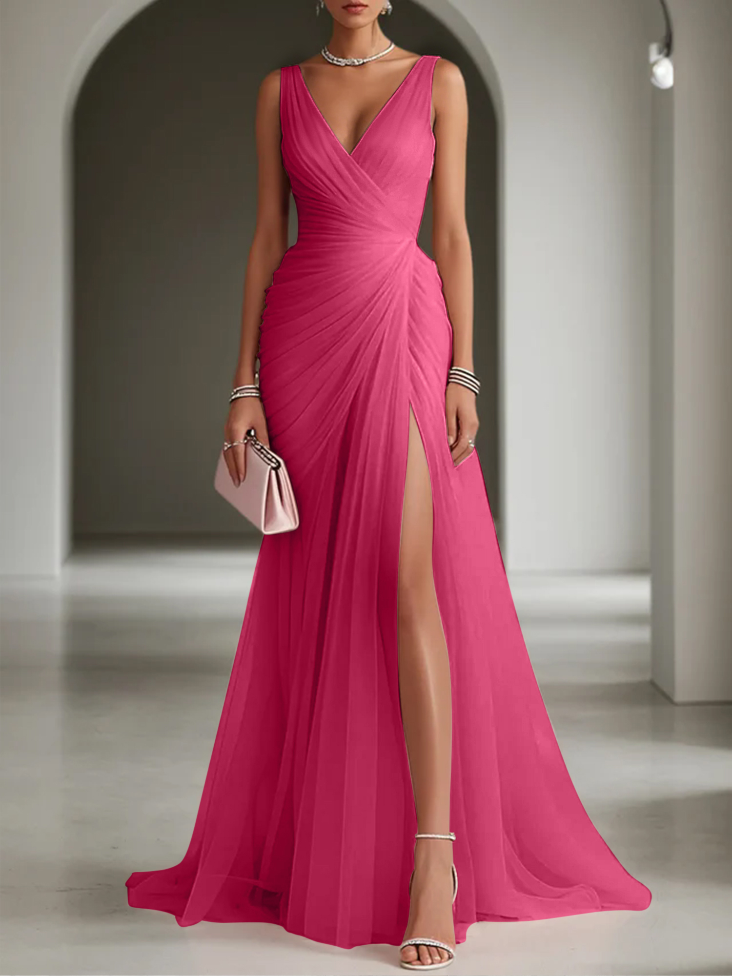 Pink Ruched Slit Tulle V Neck One Shoulder Sheath Gown Dress