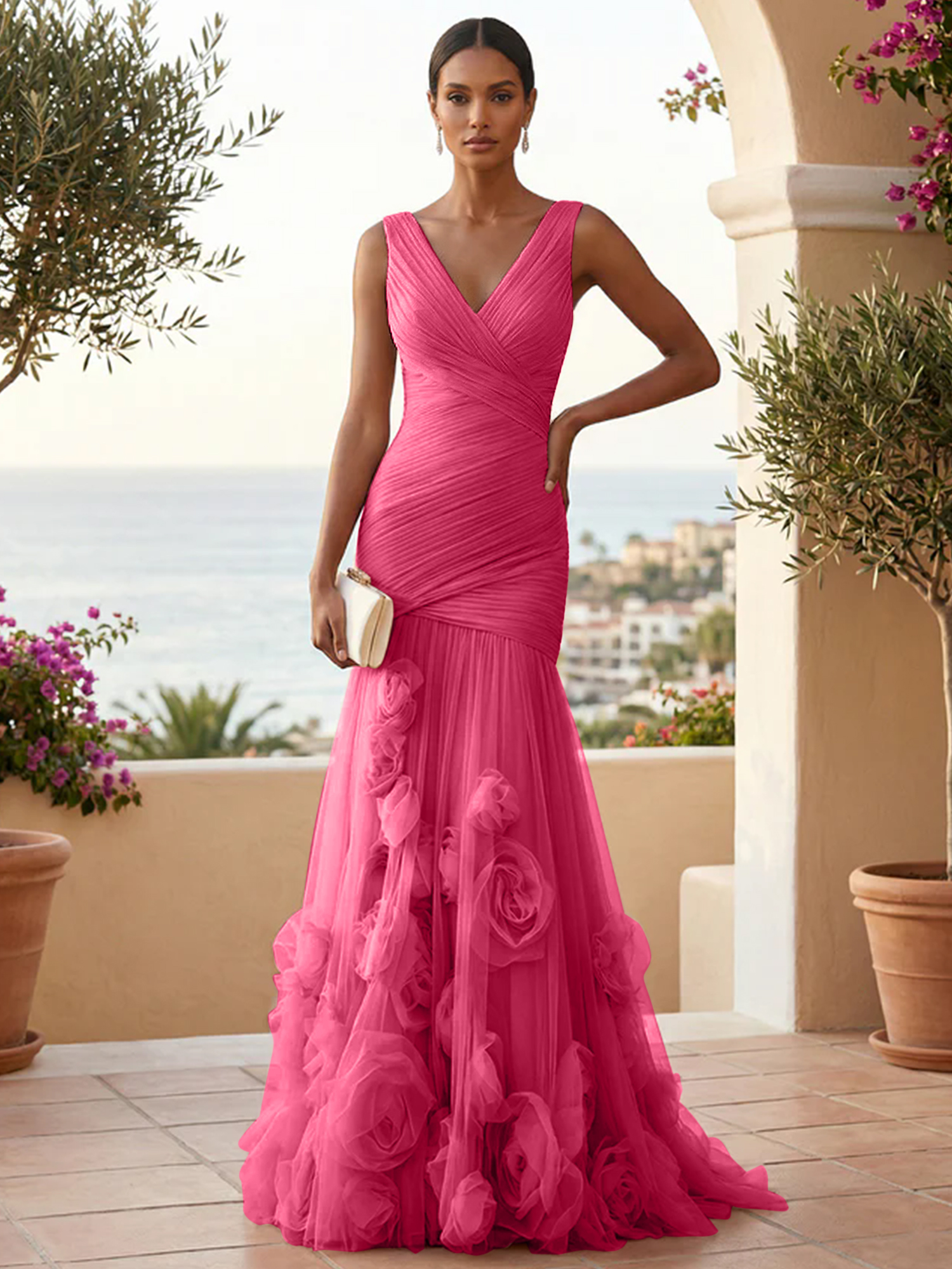 Sweetheart Tulle V Neck Pleat Mermaid Evening Dresses with 3D Flower