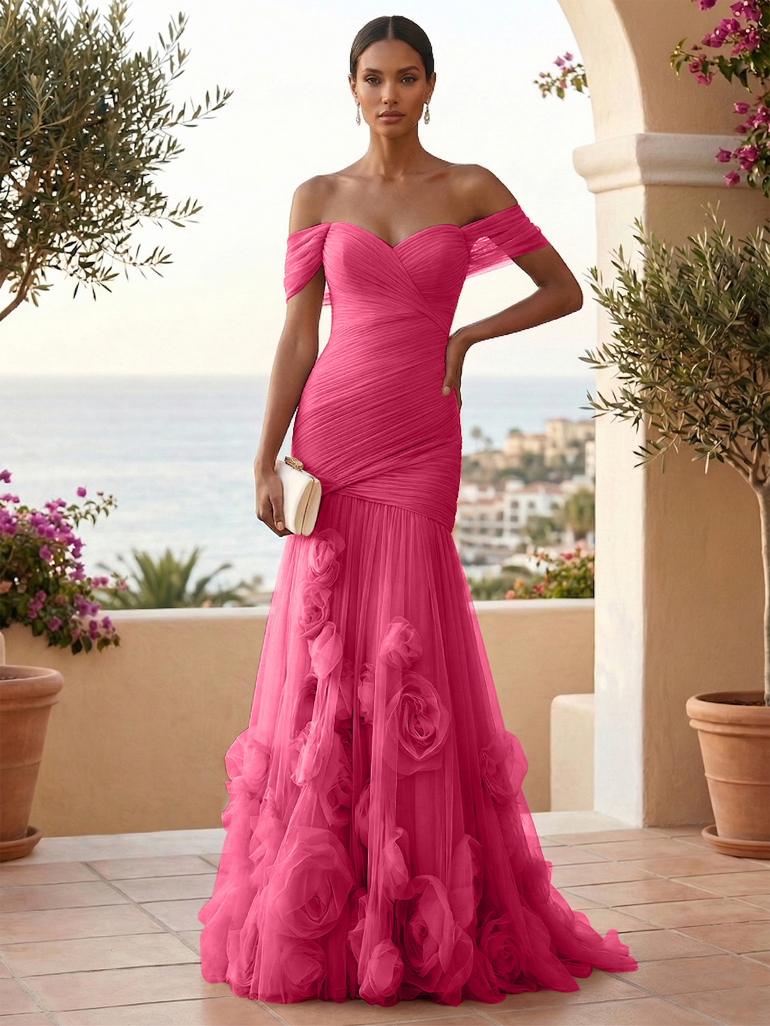 Sweetheart Tulle Off the Shoulder Pleat Mermaid Evening Dresses with 3D Flower