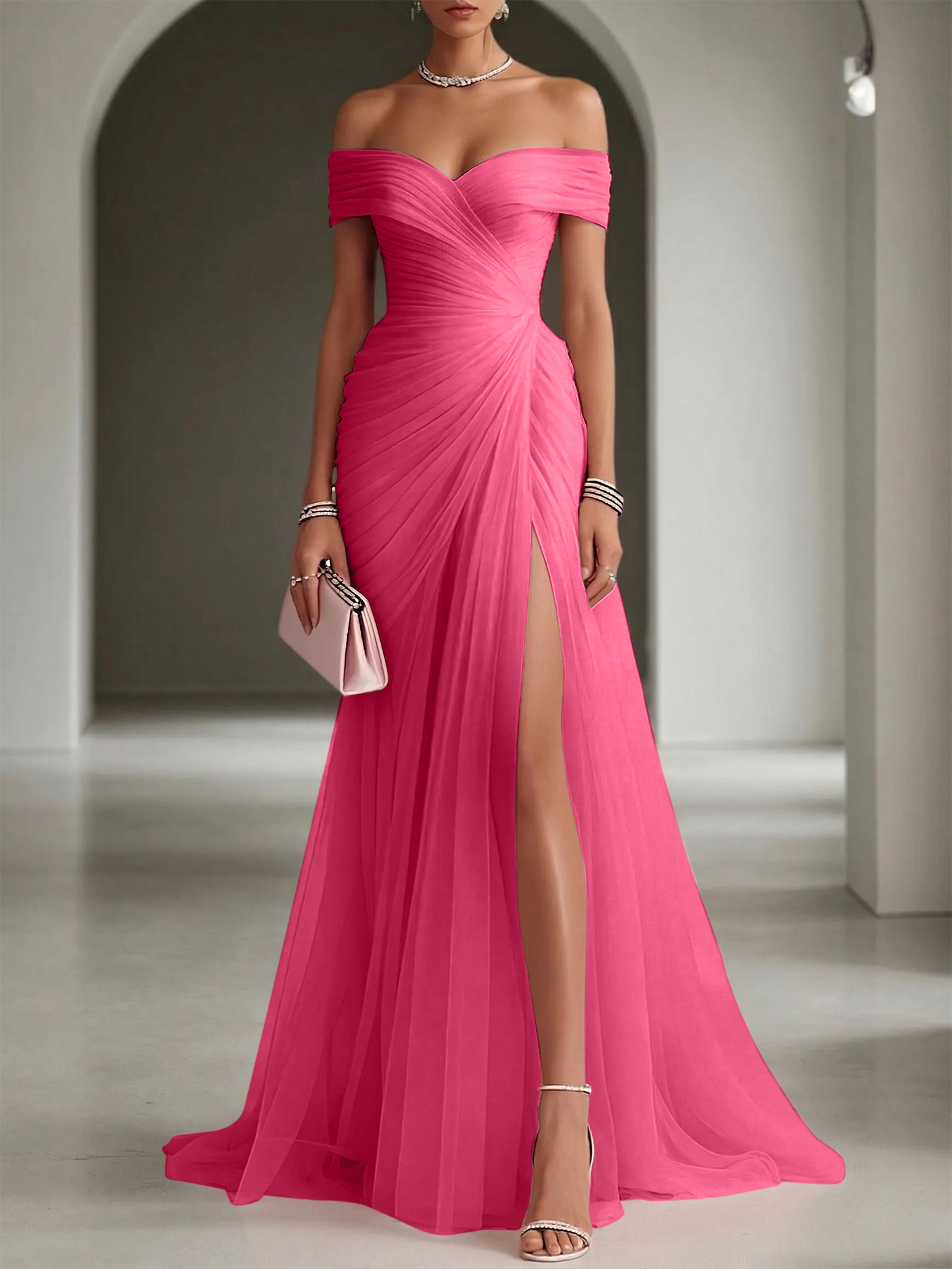 Blush Ruched Slit Tulle Off the Shoulder Sleeveless Sheath Gown Dress