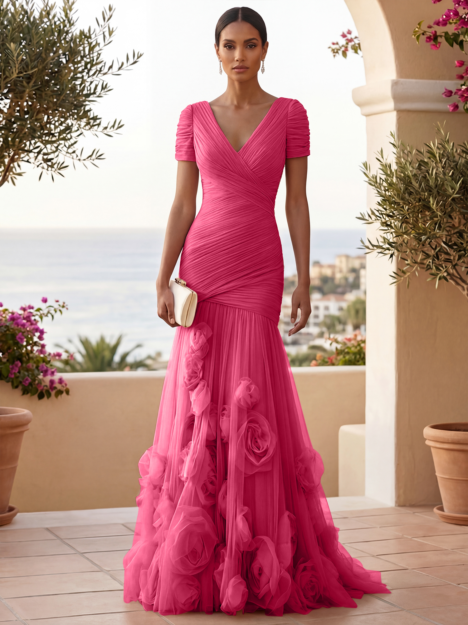 Sweetheart Tulle Short Sleeves Pleat Mermaid Evening Dresses with 3D Flower