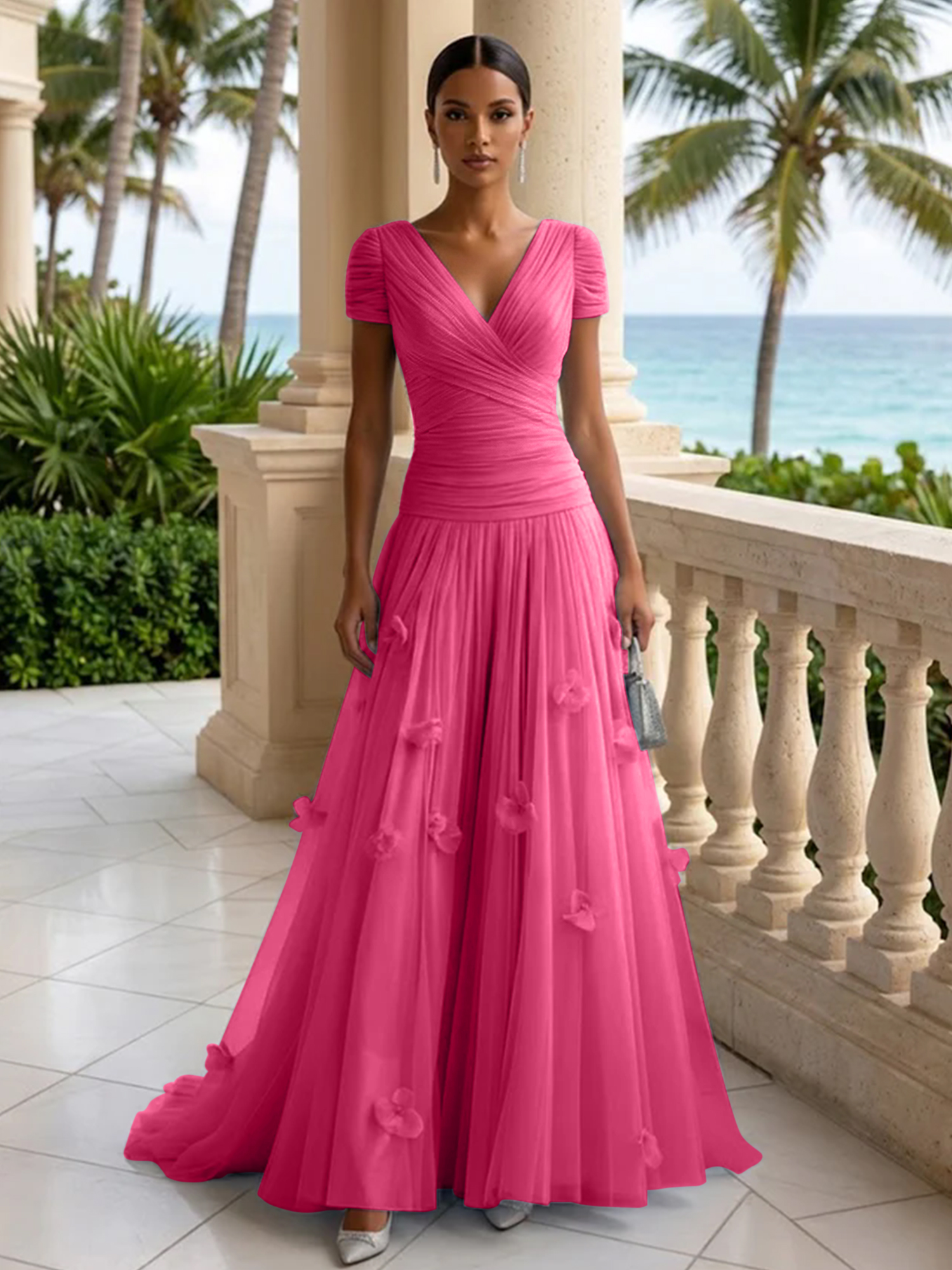 Elegant V-Neck Ruched Tulle A-Line Evening Gown with 3D Floral Appliqués