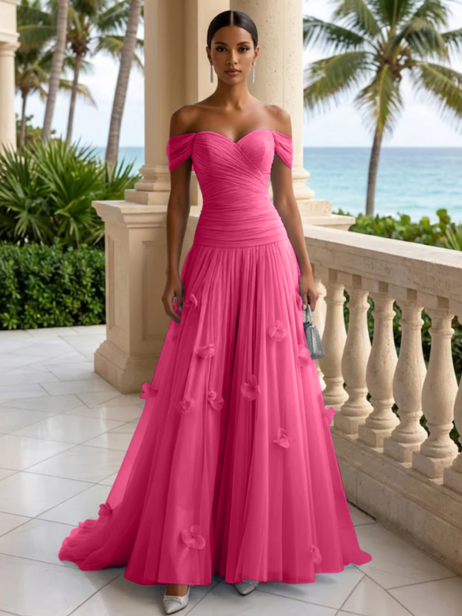 Elegant Off-the-Shoulder Ruched Tulle A-Line Evening Gown with 3D Floral Appliqués