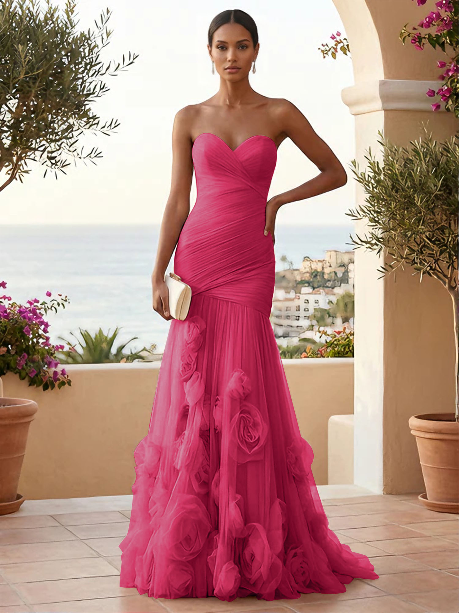 Sweetheart Tulle Pleat Mermaid Evening Dresses with 3D Flower