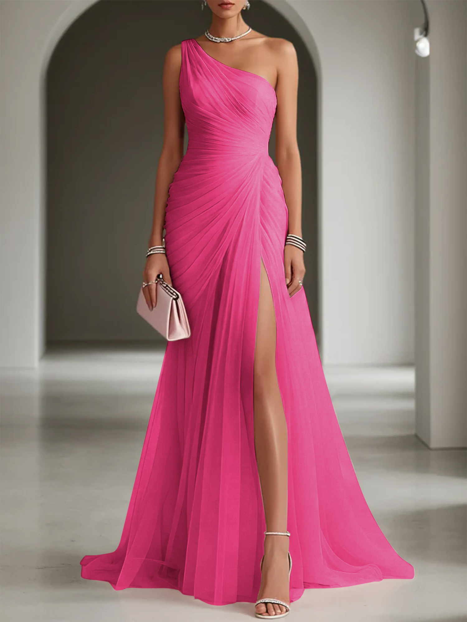 Pink Ruched Slit Tulle Strapless One Shoulder Sheath Gown Dress