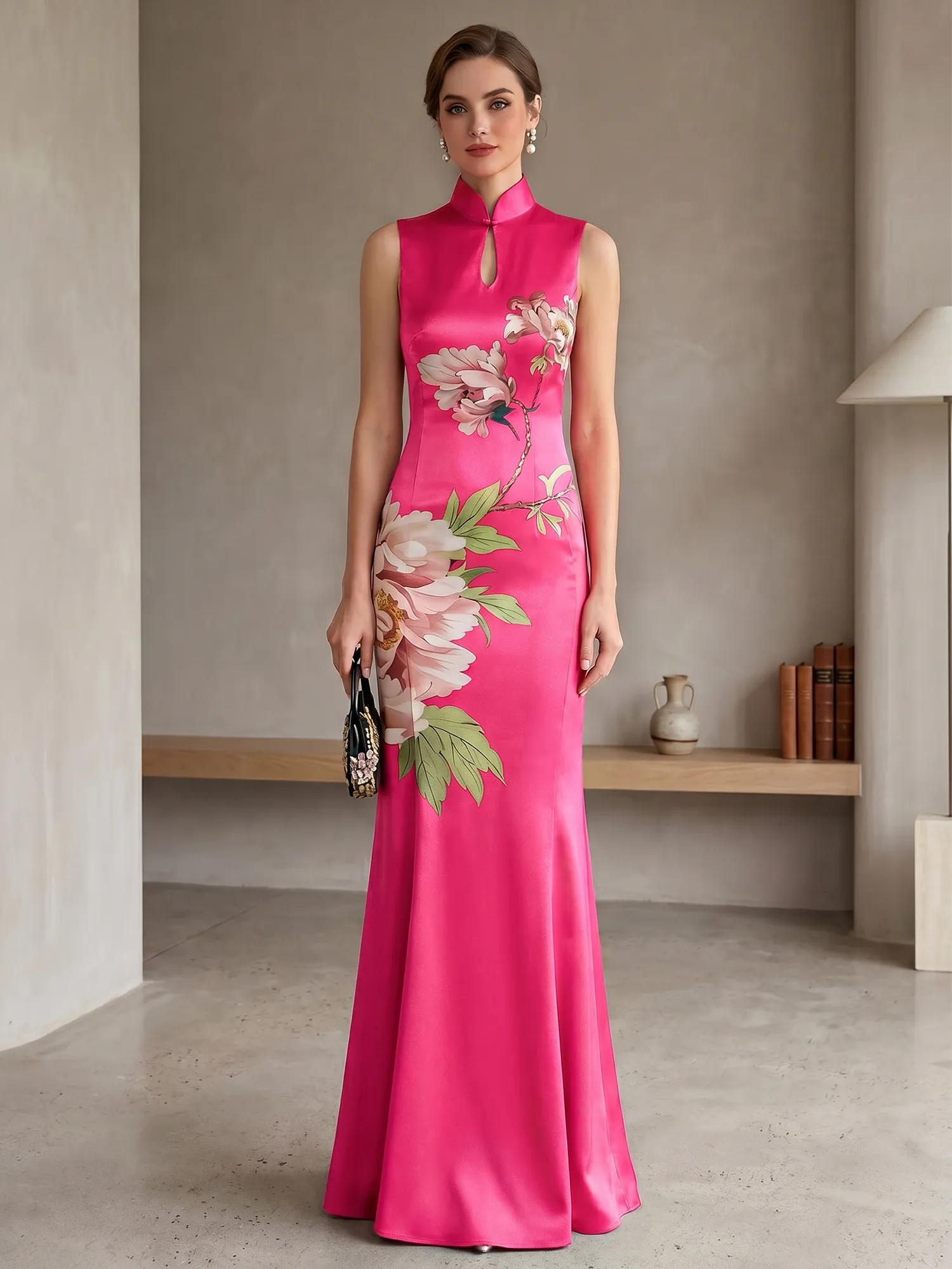Satin Qipao-Inspired Floral Mermaid Evening Gown