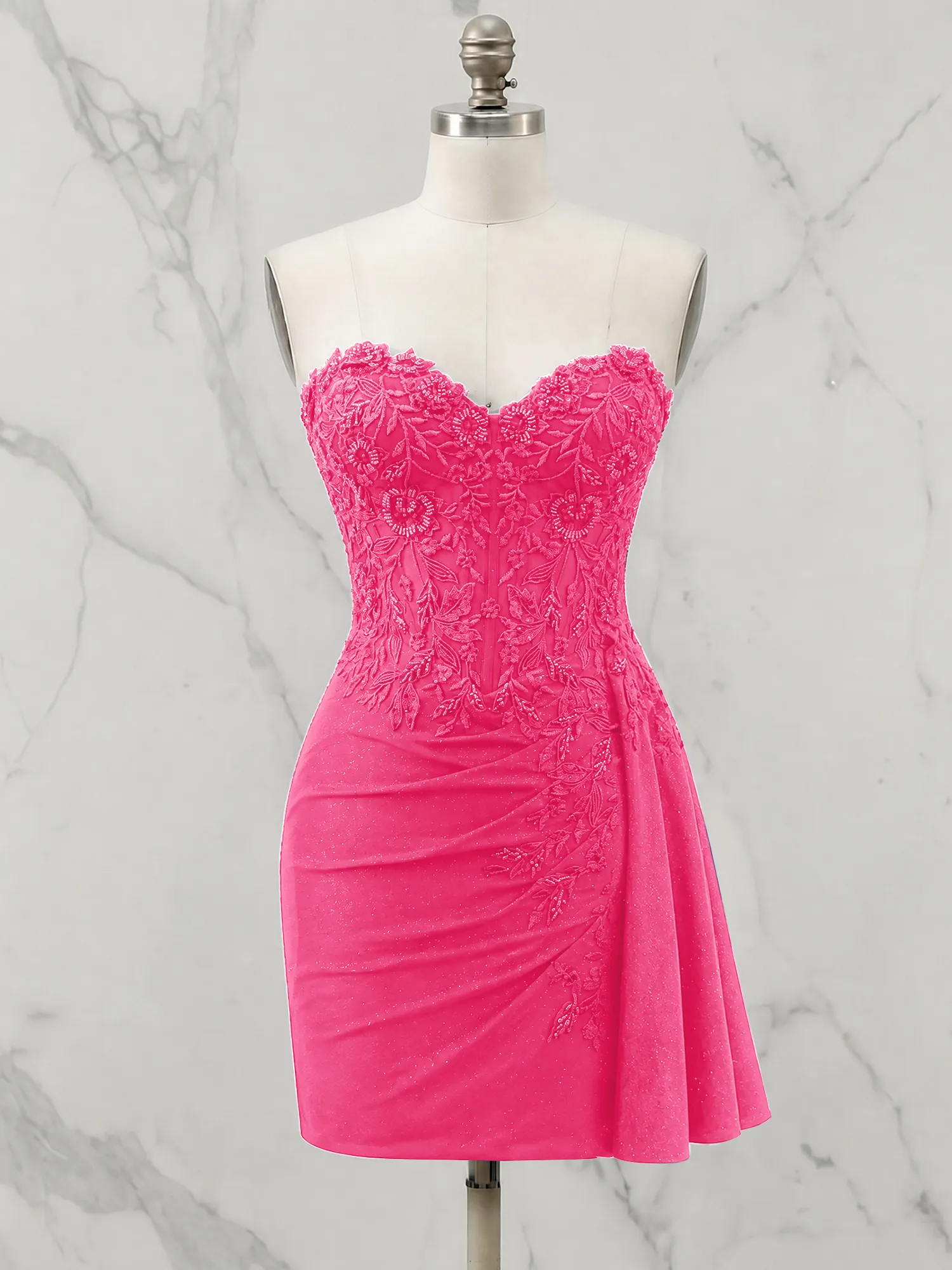 Strapless Lace Appliqué Glitter Homecoming Dress with Side Drape