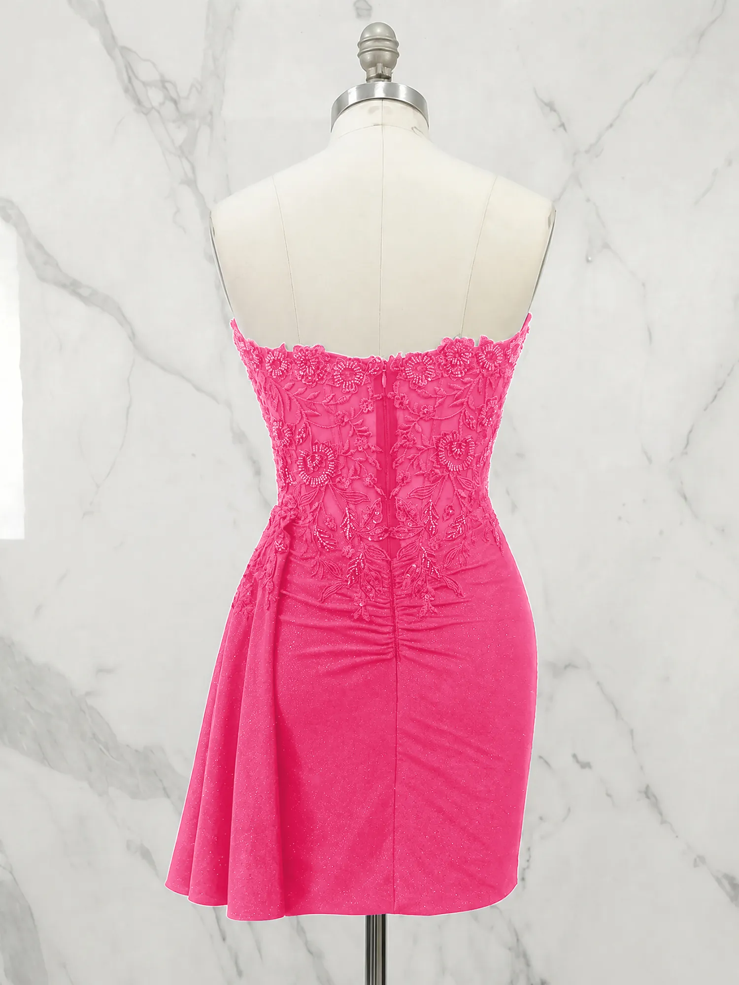 Strapless Lace Appliqué Glitter Homecoming Dress with Side Drape