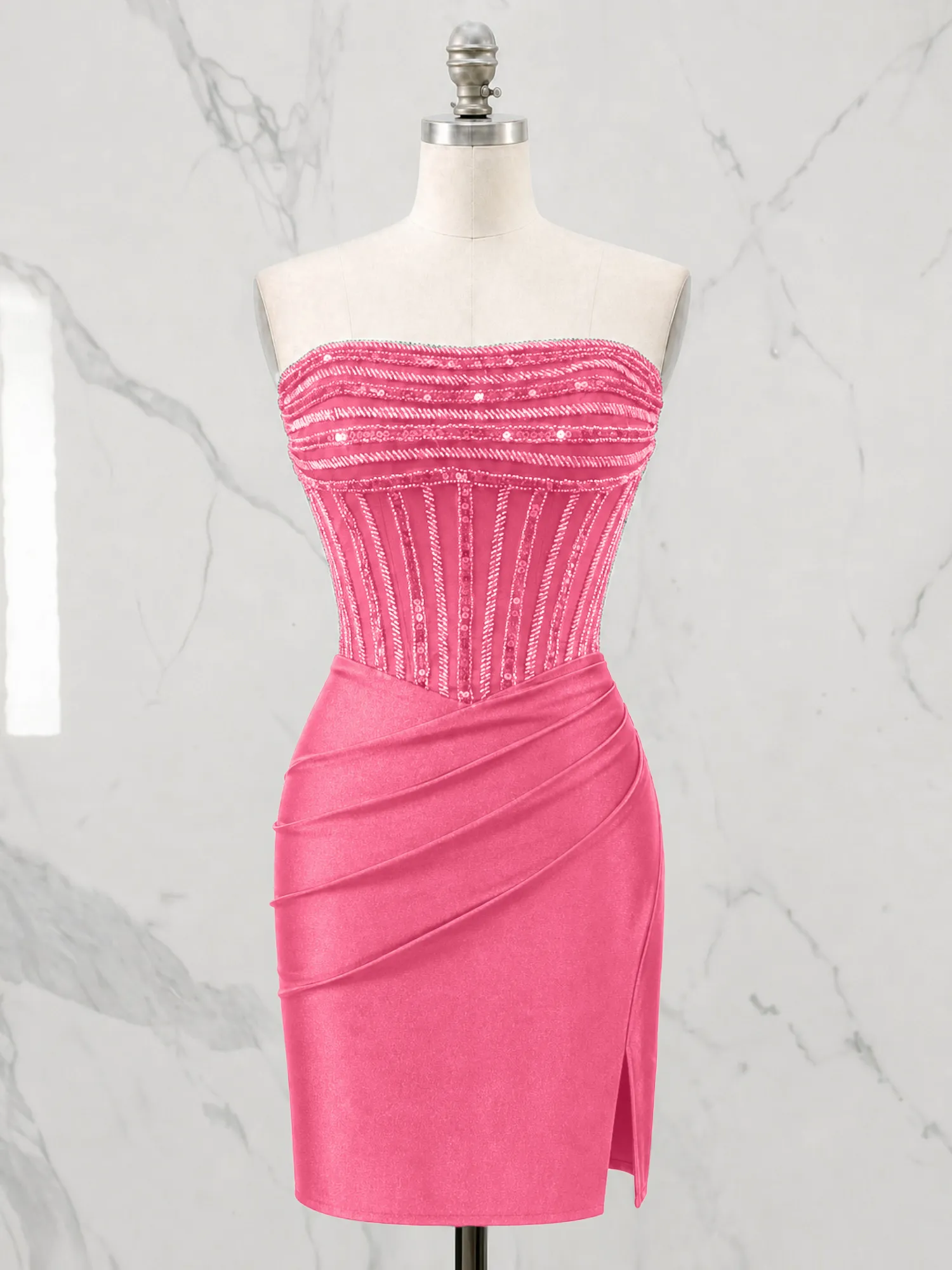 Strapless Beaded Corset Homecoming Dress with Ruched Skirt