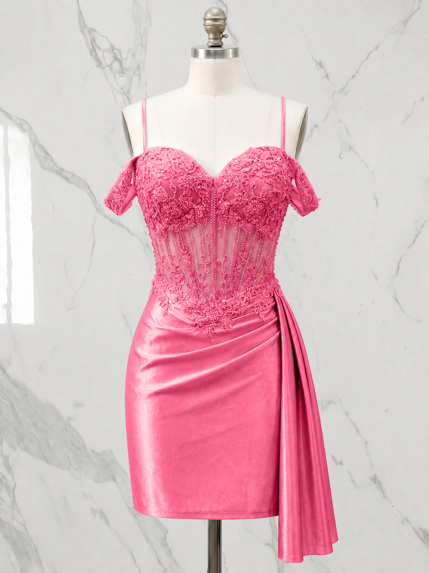 Off-the-Shoulder Lace Corset Homecoming Dress with Side Drape