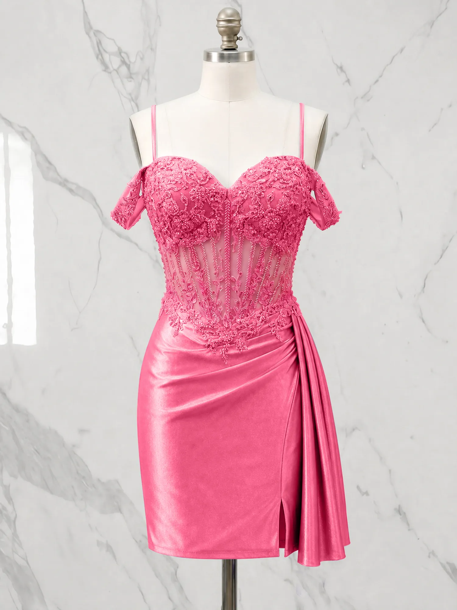 Off-the-Shoulder Lace Corset Homecoming Dress with Draped Skirt
