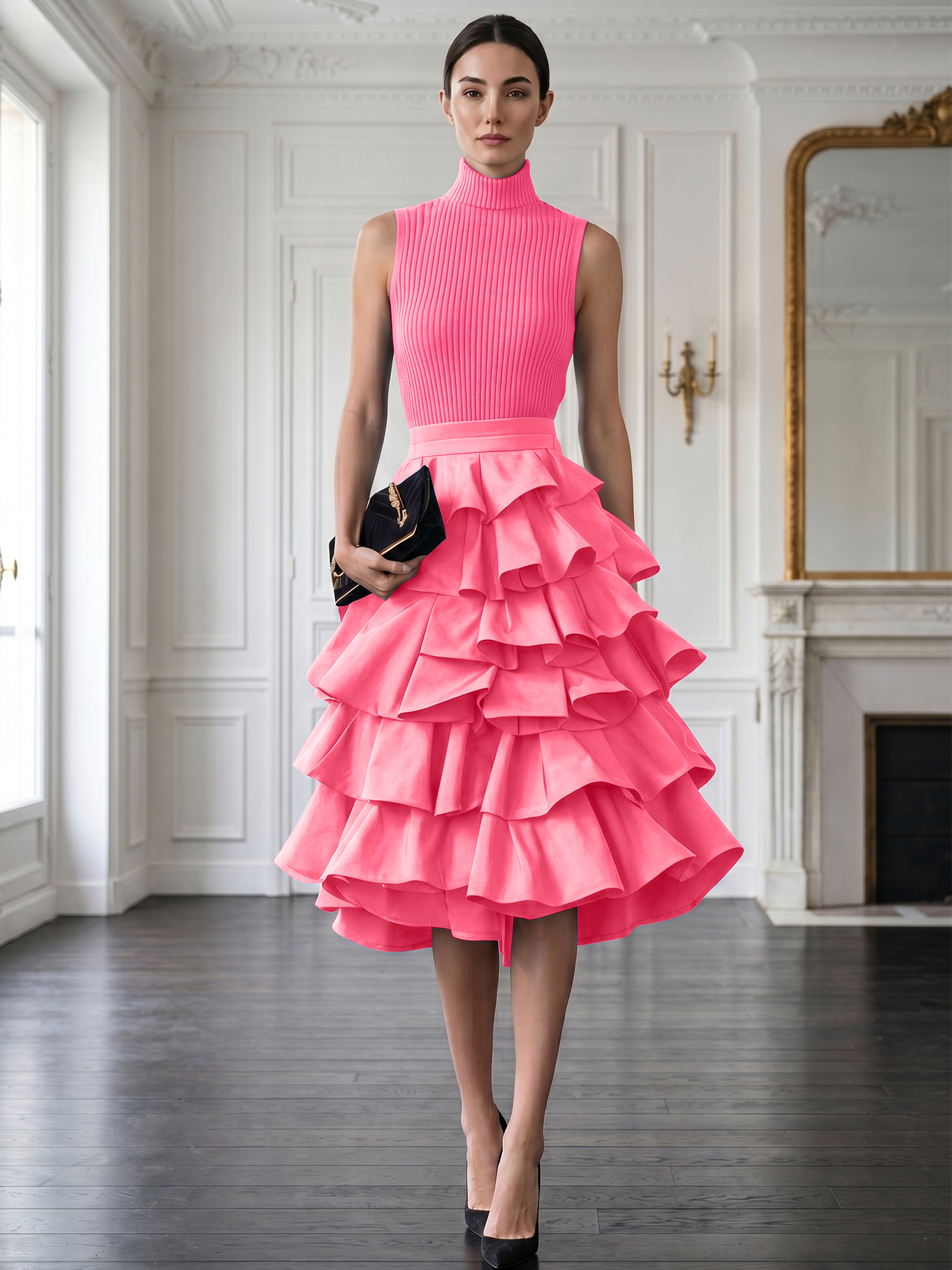 Avant-Garde Black High-Neck Tiered Ruffled Evening Gown