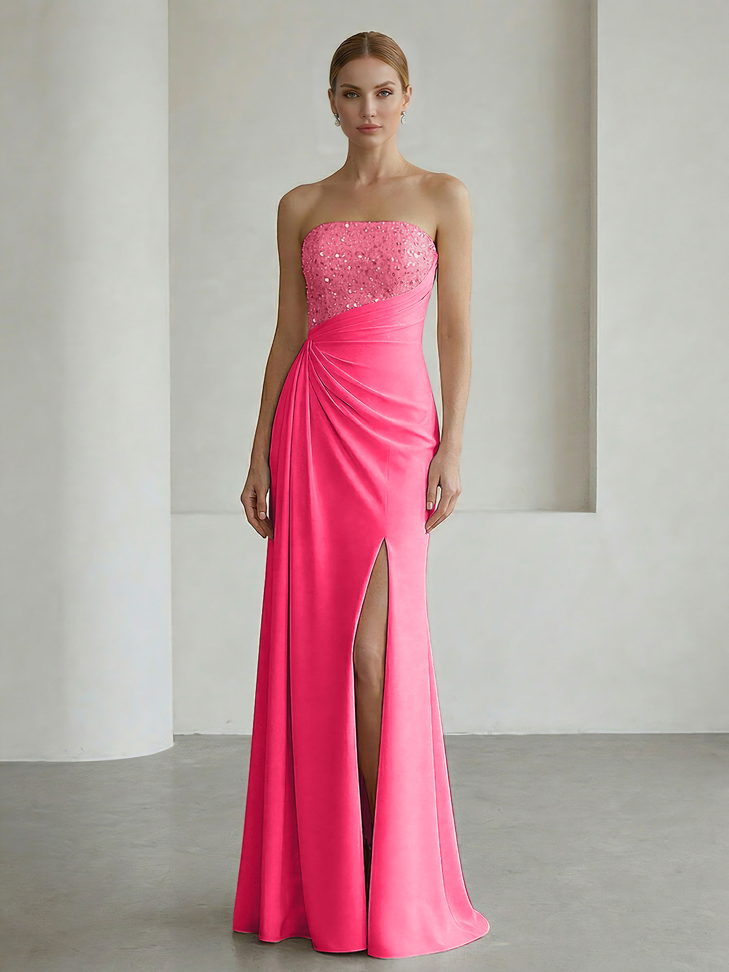 Glamorous Formal Evening Dress Soft Blush Beaded Strapless Slit Gown