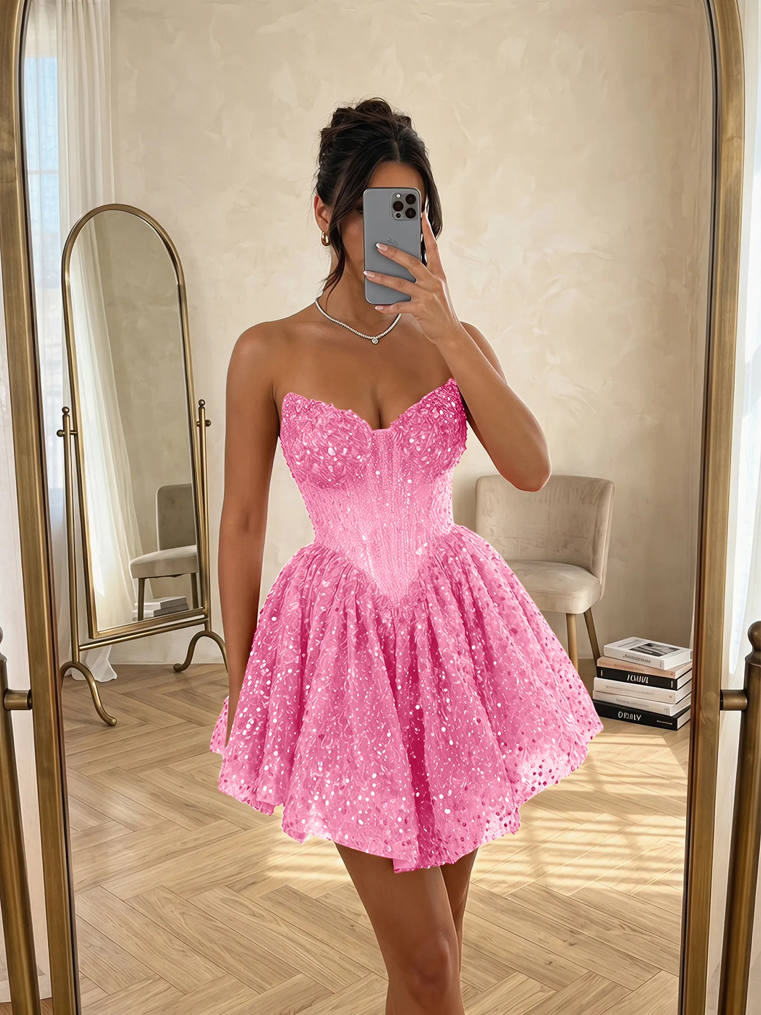 Strapless Sequin Pearl Corset Homecoming Dress with Lace-Up Back